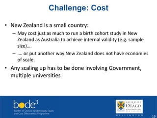Challenge: Cost 
• New Zealand is a small country: 
– May cost just as much to run a birth cohort study in New 
Zealand as Australia to achieve internal validity (e.g. sample 
size)…. 
– …. or put another way New Zealand does not have economies 
of scale. 
• Any scaling up has to be done involving Government, 
multiple universities 
19 
 