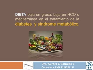 DIETA baja en grasa, baja en HCO o
mediterránea en el tratamiento de la
diabetes y síndrome metabólico
Dra. Aurora E Serralde Z
Consultora FNN FUNSALUD
 