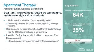 Publisher Email Audience Enrichment
Apartment Therapy
Goal: Sell high value targeted ad campaigns,
create new high value products
© 2019 Upland Software, Inc.10 | Company Confidential
+ 1.5MM email audience, 12MM monthly visits
• Historically has sold “run of site” ad campaigns, e.g. Sherwyn
Williams
+ Had demand for promotional email from Realtor Group
• But the 1.5MM list is too broad to sell in entirety
+ Identified 64K active emails that had consumed Real
Estate content
• Content consumption a strong indicator of “consumer interest”
Key Results
Sold high CPM for targeted campaign of
64K
Created an email product, auto-enrolled
audience with a
35%open rate
 