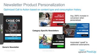Newsletter Product Personalization
© 2019 Upland Software, Inc.17 | Company Confidential
Optimized Call to Action based on content type and consumption history
Avg. 200% increase in
conversion when
personalized.
Category Specific Newsletters
Automated “upsell” to
additional subscriptions.
Generic Newsletter
 
