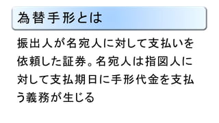 為替手形とは
振出人が名宛人に対して支払いを
依頼した証券。名宛人は指図人に
対して支払期日に手形代金を支払
う義務が生じる
 