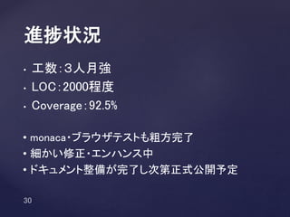 • 工数：３人月強
• LOC：2000程度
• Coverage：92.5%
進捗状況
• monaca・ブラウザテストも粗方完了
• 細かい修正・エンハンス中
• ドキュメント整備が完了し次第正式公開予定
 