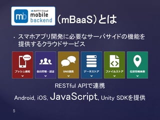 • スマホアプリ開発に必要なサーバサイドの機能を
提供するクラウドサービス
（mBaaS）とは
RESTful APIで連携
Android, iOS, JavaScript, Unity SDKを提供
 
