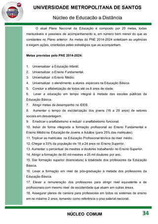 UNIVERSIDADE METROPOLITANA DE SANTOS
Núcleo de Educação a Distância
34
NÚCLEO COMUM
O atual Plano Nacional da Educação é composto por 20 metas, todas
mensuráveis e passíveis de acompanhamento e, em número bem menor do que as
constantes no Plano anterior. As metas do PNE 2014-2024 sintetizam as urgências
e exigem ações, orientadas pelas estratégias que as acompanham.
Metas previstas pelo PNE 2014-2024:
1. Universalizar a Educação Infantil.
2. Universalizar o Ensino Fundamental.
3. Universalizar o Ensino Médio.
4. Universalizar o atendimento a alunos especiais na Educação Básica.
5. Concluir a alfabetização de todos até os 8 anos de idade.
6. Levar a educação em tempo integral à metade das escolas públicas da
Educação Básica.
7. Atingir metas de desempenho no IDEB.
8. Aumentar o tempo de escolarização dos jovens (18 a 29 anos) de setores
sociais em desvantagem.
9. Erradicar o analfabetismo e reduzir o analfabetismo funcional.
10. Incluir de forma integrada a formação profissional ao Ensino Fundamental e
Ensino Médio na Educação de Jovens e Adultos (para 25% das matrículas).
11. Triplicar as matrículas na Educação Profissional técnica de nível médio..
12. Chegar a 33% da população de 18 a 24 anos no Ensino Superior.
13. Aumentar o percentual de mestres e doutores trabalhando no Ensino Superior.
14. Atingir a formação de 60 mil mestres e 25 mil doutores por ano.
15. Dar formação superior (licenciatura) à totalidade dos professores da Educação
Básica.
16. Levar a formação em nível de pós-graduação à metade dos professores da
Educação Básica.
17. Elevar a remuneração dos professores para atingir nível equivalente a de
profissionais com mesmo nível de escolaridade que atuam em outras áreas.
18. Assegurar planos de carreira para professores em todos os sistemas de ensino
em no máximo 2 anos, tomando como referência o piso salarial nacional.
 