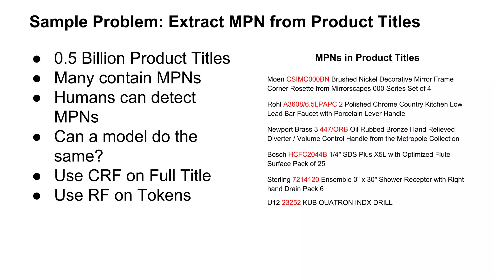 Sample Problem: Extract MPN from Product Titles
● 0.5 Billion Product Titles
● Many contain MPNs
● Humans can detect
MPNs
● Can a model do the
same?
● Use CRF on Full Title
● Use RF on Tokens
Moen CSIMC000BN Brushed Nickel Decorative Mirror Frame
Corner Rosette from Mirrorscapes 000 Series Set of 4
Rohl A3608/6.5LPAPC 2 Polished Chrome Country Kitchen Low
Lead Bar Faucet with Porcelain Lever Handle
Newport Brass 3 447/ORB Oil Rubbed Bronze Hand Relieved
Diverter / Volume Control Handle from the Metropole Collection
Bosch HCFC2044B 1/4" SDS Plus X5L with Optimized Flute
Surface Pack of 25
Sterling 7214120 Ensemble 0" x 30" Shower Receptor with Right
hand Drain Pack 6
U12 23252 KUB QUATRON INDX DRILL
MPNs in Product Titles
 