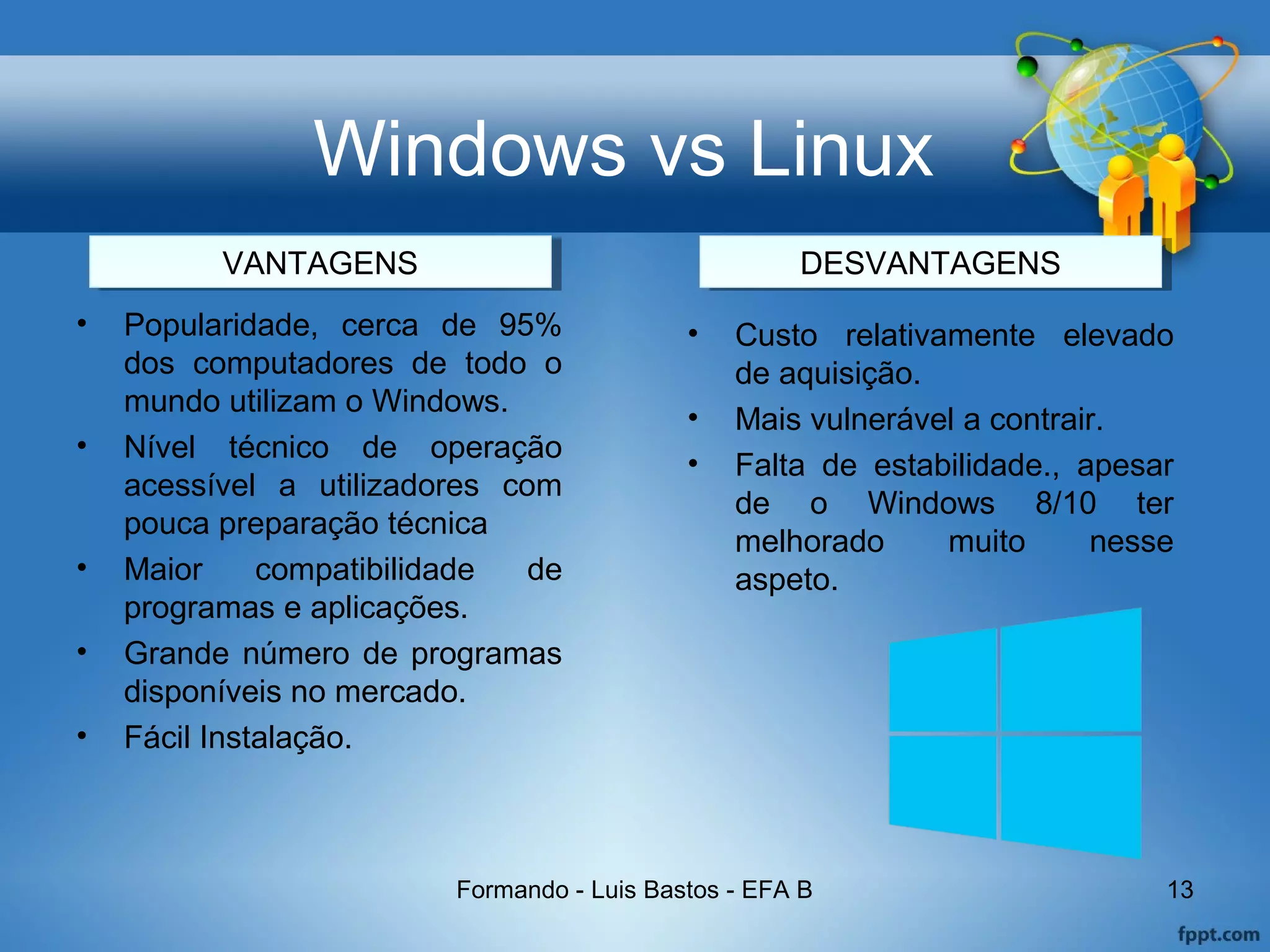 Windows vs Linux
• Popularidade, cerca de 95%
dos computadores de todo o
mundo utilizam o Windows.
• Nível técnico de operação
acessível a utilizadores com
pouca preparação técnica
• Maior compatibilidade de
programas e aplicações.
• Grande número de programas
disponíveis no mercado.
• Fácil Instalação.
Formando - Luis Bastos - EFA B 13
• Custo relativamente elevado
de aquisição.
• Mais vulnerável a contrair.
• Falta de estabilidade., apesar
de o Windows 8/10 ter
melhorado muito nesse
aspeto.
VANTAGENSVANTAGENS DESVANTAGENSDESVANTAGENS
 