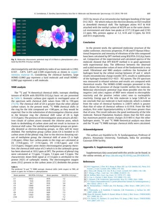electronegativity and electrophilicity index of our molecule is 2.992,
0.167, À3.875, 3.875 and 2.509 respectively as shown in supple-
mentary material S6. Considering the chemical hardness, large
HOMO–LUMO gap represent a hard molecule and small HOMO–
LUMO gap represent a soft molecule.
NMR analysis
The 13
C and 1
H theoretical chemical shifts, isotropic shielding
tensors of 4CLPA with B3LYP/6-31G(d,p) basic set are presented
in Table 6. Aromatic carbons give signals in overlapped areas of
the spectrum with chemical shift values from 100 to 150 ppm
[73,74]. The chemical shift of C8 is greater than the other phenyl
carbon values. In the present work, 13
C NMR chemical shifts in
the ring for the title compound are 100 ppm, as they would be
expected. Due to the substitution of electronegative chlorine atom
in the benzene ring the chemical shift value of C8 is high
(131.0 ppm). The presence of electronegative atom attracts all elec-
tron clouds of carbon atoms towards the chlorine atom, which
leads to deshielding of carbon atom and net result in increase in
chemical shift value. The methyl and methylene groups are gener-
ally denoted as electron-donating groups, so they will be more
shielded. The methylene group carbon atom C4 is bonded to C5
carbon atom of the phenyl ring. Due to the electron donating nat-
ure of methylene group, the chemical shift of atom C5 is high
(128 ppm). Other four carbon peaks in the rings are calculated at
C6 (119.8 ppm), C7 (119.3 ppm), C9 (118.5 ppm) and C10
(121.0 ppm). Oxygen atom shows electronegative property there-
fore, the chemical shift value of C1 which is in the carboxylic group
has been observed at 163.2 ppm at DFT. The protons of phenyl ring
were calculated at 7.5 ppm, 7.3 ppm, 7.2 ppm and 7.2 ppm. The
characteristic down ﬁeld signal at d11.6 ppm is attributed to the
proton (H23) of carboxylic moiety. The electronegative oxygen
atom (O12) present in the carbon atom (C1) deshields the proton
(H23) by means of an intramolecular hydrogen bonding of the type
O12–H23Á Á ÁN2 which reduces the electron density on H23 resulted
in downﬁeld chemical shift. The hydrogen atoms H17  H18
attached with the methyl carbon of 4CLPA are in the same chemi-
cal environment and show two peaks at (C17) 2.8 ppm and (C18)
2.1 ppm. NH2 protons appear at 1.2, 4.18 and 1.3 ppm, for H14
and H15 respectively.
Conclusion
In the present work, the optimized molecular structure of the
stable conformer, electronic properties, FT-IR and FT-Raman Vibra-
tional frequencies and intensity of vibrations of the title compound
have been calculated by DFT method using B3LYP/6-31G(d,p) basis
set. Comparison of the experimental and calculated spectra of the
molecule showed that DFT-B3LYP method is in good agreement
with experimental data. The difference between the observed
and scaled wavenumber values of most of the fundamentals is very
small. Vibrational and NBO analysis conﬁrms the formation of
hydrogen bond by the orbital overlap between LP and p*
which
results intramolecular charge transfer (ICT), results in stabilization
of the hydrogen bonded O12AH23Á Á ÁN2 system. The UV spectrum
was measured in ethanol solution and results are compared with
theoretical results. The HOMO–LUMO energies presented in this
work shows the presence of charge transfer within the molecule.
Molecular electrostatic potential map show possible sites for the
negative (red color) regions of MEP were related to electrophilic
reactivity and the positive (white color) ones to nucleophilic
reactivity. Energy gap of the title molecule is large 5.983 eV so
we conclude that our molecule is hard molecule, which is evident
from the value of chemical hardness is 2.6075 which is greater
than that of value of chemical softness is 0.1918. From the NLO
analysis, ﬁrst order hyperpolarizability is 2.69 times greater than
that of urea. This result indicates the good nonlinearity of the title
molecule. Natural Population Analysis shows that the H23 atom
has maximum positive atomic charges (0.51493 e) than the other
hydrogen atoms. 1
H and 13
C NMR theoretical analysis was done
and the 1
H and 13
C NMR isotropic chemical shifts were calculated.
Acknowledgement
The authors are thankful to Dr. N. Sundaraganesan, Professor of
physics, Annamalai University, Tamilnadu, India for providing
Gaussian 03W facility.
Appendix A. Supplementary material
Supplementary data associated with this article can be found, in
the online version, at http://dx.doi.org/10.1016/j.saa.2014.06.019.
References
[1] M.D. Aggarwal, J. Choi, W.S. Wang, K. Bhat, R.B. Lal, A.D. Shields, B.G. Penn, D.O.
Frazier, J. Cryst. Growth 204 (1999) 179–182.
[2] J. Shen, J.M. Zheng, Y.X. Che, B. Xi, J. Cryst. Growth 257 (2003) 136–140.
[3] F. Wang, J. Phys.: Conf. Ser. 141 (2008). 012019 1-9.
[4] M. Delﬁno, Mol. Cryst. Liq. Cryst. 52 (1979) 271–284.
[5] X. Cao, G. Fischer, J. Mol. Struct. 519 (2000) 153–163.
[6] S. Stewart, P.M. Fredericks, Spectrochim. Acta 55 (1999) 1641–1660.
[7] S.P. Vijaya Chamundeeswari, E. James Jebaseelan Samuel, N. Sundaraganesan, J.
Mol. Simul. (2012) 1–14.
[8] M. Amalanathan, I. Hubert Joe, V.K. Rastogi, J. Mol. Struct. 1006 (2011) 513–
526.
[9] E. Podstawka a, A. Kudelski, P. Kafarski, L.M. Proniewicz, J. Surface Sci. 601
(2007) 4586–4597.
[10] Ihsan M. Kenawi, Aladin H. Kamel, Rifaat H. Hilal, J. Mol. Struct. (THEOCHEM)
851 (2008) 46–53.
[11] P.A. Fantin, P.L. Barbieri, A. Canal Neto, F.E. Jorge, J. Mol. Struct. (THEOCHEM)
810 (2007) 103–111.
Fig. 5. Molecular electrostatic potential map of 4-Chloro-DL-phenylalanine calcu-
lated by B3LYP/6-31G(d,p) method.
Table 6
The predicted 1
H and 13
C NMR isotropic chemical shifts (with respect to TMS, all
values in ppm) for 4-Chloro-DL-phenylalanine.
Atom position B3LYP/6-31G(d,p) Atom position B3LYP/6-31G(d,p)
C1 163.2 H14 1.2
C3 53.6 H15 1.3
C4 34.7 H16 3.4
C5 128.0 H17 2.8
C6 119.8 H18 2.1
C7 119.3 H19 7.5
C8 131.0 H20 7.3
C9 118.5 H21 7.2
C10 121.0 H22 7.2
– – H23 11.6
K. Govindarasu, E. Kavitha / Spectrochimica Acta Part A: Molecular and Biomolecular Spectroscopy 133 (2014) 799–810 809
 