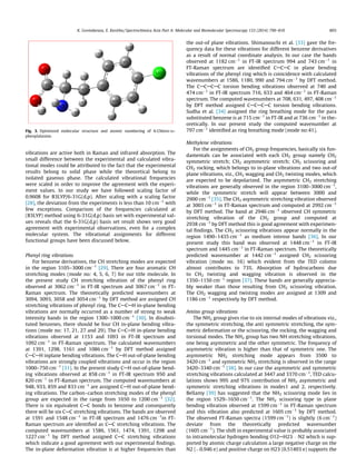 vibrations are active both in Raman and infrared absorption. The
small difference between the experimental and calculated vibra-
tional modes could be attributed to the fact that the experimental
results belong to solid phase while the theoretical belong to
isolated gaseous phase. The calculated vibrational frequencies
were scaled in order to improve the agreement with the experi-
ment values. In our study we have followed scaling factor of
0.9608 for B3LYP/6-31G(d,p). After scaling with a scaling factor
[28], the deviation from the experiments is less than 10 cmÀ1
with
few exceptions. Comparison of the frequencies calculated at
(B3LYP) method using 6-31G(d,p) basis set with experimental val-
ues reveals that the 6-31G(d,p) basis set result shows very good
agreement with experimental observations, even for a complex
molecular system. The vibrational assignments for different
functional groups have been discussed below.
Phenyl ring vibrations
For benzene derivatives, the CH stretching modes are expected
in the region 3105–3000 cmÀ1
[29]. There are four aromatic CH
stretching modes (mode no: 4, 5, 6, 7) for our title molecule. In
the present study CH stretching vibration of the phenyl ring
observed at 3062 cmÀ1
in FT-IR spectrum and 3067 cmÀ1
in FT-
Raman spectrum. The theoretically predicted wavenumbers at
3094, 3093, 3058 and 3054 cmÀ1
by DFT method are assigned CH
stretching vibrations of phenyl ring. The CACAH in-plane bending
vibrations are normally occurred as a number of strong to weak
intensity bands in the region 1300–1000 cmÀ1
[30]. In disubsti-
tuted benzenes, there should be four CH in-plane bending vibra-
tions (mode no: 17, 21, 27 and 29). The CACAH in-plane bending
vibrations observed at 1153 and 1093 in FT-IR spectrum and
1092 cmÀ1
in FT-Raman spectrum. The calculated wavenumbers
at 1391, 1298, 1161 and 1086 cmÀ1
by DFT method assigned
CACAH inplane bending vibrations. The CAH out-of-plane bending
vibrations are strongly coupled vibrations and occur in the region
1000–750 cmÀ1
[31]. In the present study CAH out-of-plane bend-
ing vibrations observed at 858 cmÀ1
in FT-IR spectrum 950 and
820 cmÀ1
in FT-Raman spectrum. The computed wavenumbers at
948, 933, 859 and 833 cmÀ1
are assigned CAH out-of-plane bend-
ing vibrations. The carbon–carbon stretching modes of the phenyl
group are expected in the range from 1650 to 1200 cmÀ1
[32].
There is six equivalent CAC bonds in benzene and consequently
there will be six CAC stretching vibrations. The bands are observed
at 1591 and 1548 cmÀ1
in FT-IR spectrum and 1476 cmÀ1
in FT-
Raman spectrum are identiﬁed as CAC stretching vibrations. The
computed wavenumbers at 1586, 1561, 1474, 1391, 1298 and
1227 cmÀ1
by DFT method assigned CAC stretching vibrations
which indicate a good agreement with our experimental ﬁndings.
The in-plane deformation vibration is at higher frequencies than
the out-of plane vibrations. Shimanouchi et al. [33] gave the fre-
quency data for these vibrations for different benzene derivatives
as a result of normal coordinate analysis. In our case the bands
observed at 1182 cmÀ1
in FT-IR spectrum 994 and 743 cmÀ1
in
FT-Raman spectrum are identiﬁed CACAC in plane bending
vibrations of the phenyl ring which is coincidence with calculated
wavenumbers at 1586, 1180, 990 and 794 cmÀ1
by DFT method.
The CACACAC torsion bending vibrations observed at 740 and
474 cmÀ1
in FT-IR spectrum 716, 633 and 464 cmÀ1
in FT-Raman
spectrum. The computed wavenumbers at 708, 631, 497, 408 cmÀ1
by DFT method assigned CACACAC torsion bending vibrations.
Sudha et al. [34] assigned the ring breathing mode for the para
substituted benzene is at 715 cmÀ1
in FT-IR and at 736 cmÀ1
in the-
oretically. In our present study the computed wavenumber at
797 cmÀ1
identiﬁed as ring breathing mode (mode no:41).
Methylene vibrations
For the assignments of CH2 group frequencies, basically six fun-
damentals can be associated with each CH2 group namely CH2
symmetric stretch; CH2 asymmetric stretch; CH2 scissoring and
CH2 rocking, which belongs to in-plane vibrations and two out-of
plane vibrations, viz., CH2 wagging and CH2 twisting modes, which
are expected to be depolarized. The asymmetric CH2 stretching
vibrations are generally observed in the region 3100–3000 cmÀ1
,
while the symmetric stretch will appear between 3000 and
2900 cmÀ1
[35]. The CH2 asymmetric stretching vibration observed
at 3003 cmÀ1
in FT-Raman spectrum and computed at 2992 cmÀ1
by DFT method. The band at 2946 cmÀ1
observed CH symmetric
stretching vibration of the CH2 group and computed at
2938 cmÀ1
by DFT method this is good agreement with experimen-
tal ﬁndings. The CH2 scissoring vibrations appear normally in the
region 1490–1435 cmÀ1
as medium intense bands [36]. In our
present study this band was observed at 1448 cmÀ1
in FT-IR
spectrum and 1445 cmÀ1
in FT-Raman spectrum. The theoretically
predicted wavenumber at 1442 cmÀ1
assigned CH2 scissoring
vibration (mode no. 16) which evident from the TED colomn
almost contributes to 73%. Absorption of hydrocarbons due
to CH2 twisting and wagging vibration is observed in the
1350–1150 cmÀ1
region [37]. These bands are generally apprecia-
bly weaker than those resulting from CH2 scissoring vibration.
The CH2 wagging and twisting modes are assigned at 1309 and
1186 cmÀ1
respectively by DFT method.
Amino group vibrations
The NH2 group gives rise to six internal modes of vibrations viz.,
the symmetric stretching, the anti symmetric stretching, the sym-
metric deformation or the scissoring, the rocking, the wagging and
torsional modes. The NH2 group has two NH stretching vibrations,
one being asymmetric and the other symmetric. The frequency of
asymmetric vibration is higher than that of symmetric one. The
asymmetric NH2 stretching mode appears from 3500 to
3420 cmÀ1
and symmetric NH2 stretching is observed in the range
3420–3340 cmÀ1
[38]. In our case the asymmetric and symmetric
stretching vibrations calculated at 3447 and 3370 cmÀ1
, TED calcu-
lations shows 99% and 97% contribution of NH2 asymmetric and
symmetric stretching vibrations in modes1 and 2, respectively.
Bellamy [39] has suggested that the NH2 scissoring mode lies in
the region 1529–1650 cmÀ1
. The NH2 scissoring type in plane
bending vibration observed at 1599 cmÀ1
in FT-Raman spectrum
and this vibration also predicted at 1605 cmÀ1
by DFT method.
The observed FT-Raman spectra (1599 cmÀ1
) is slightly (6 cmÀ1
)
deviate from the theoretically predicted wavenumber
(1605 cmÀ1
). The shift in experimental value is probably associated
to intramolecular hydrogen bonding O12AH23Á Á ÁN2 which is sup-
ported by atomic charge calculation a large negative charge on the
N2 (À0.946 e) and positive charge on H23 (0.51493 e) supports the
Fig. 3. Optimized molecular structure and atomic numbering of 4-Chloro-DL-
phenylalanine.
K. Govindarasu, E. Kavitha / Spectrochimica Acta Part A: Molecular and Biomolecular Spectroscopy 133 (2014) 799–810 803
 