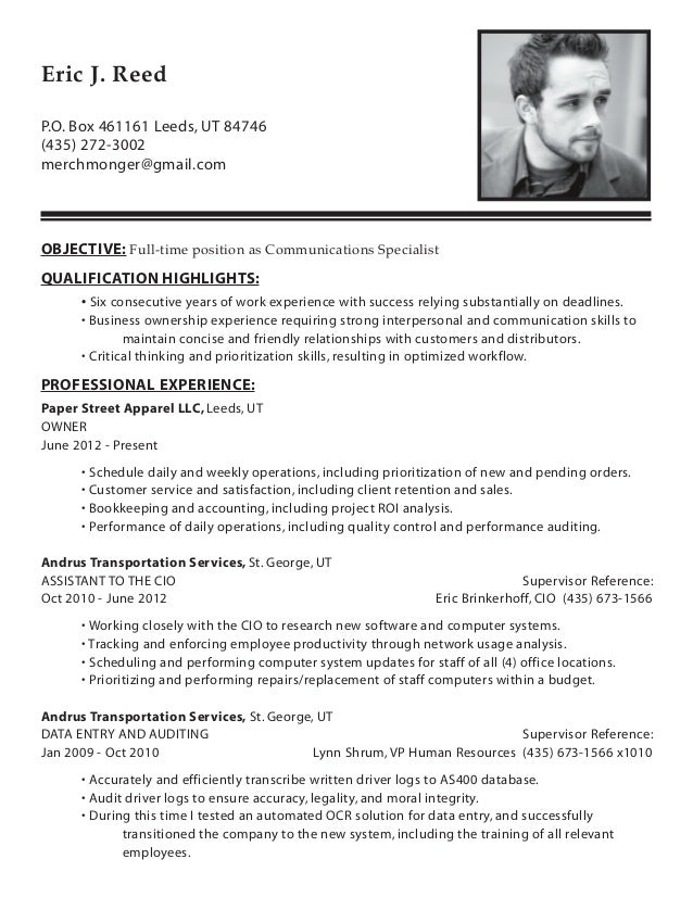 resume eric j reed communications specialist communication specialist resume