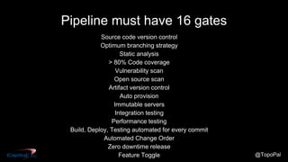 @TopoPal
Pipeline must have 16 gates
Source code version control
Optimum branching strategy
Static analysis
> 80% Code coverage
Vulnerability scan
Open source scan
Artifact version control
Auto provision
Immutable servers
Integration testing
Performance testing
Build, Deploy, Testing automated for every commit
Automated Change Order
Zero downtime release
Feature Toggle
 