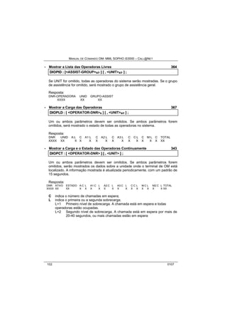 MANUAL DE COMANDO OM- MML SOPHO IS3000 – CALL@NET 
· Mostrar a Lista das Operadoras Livres 364 
DIIOPIID :: [[<ASSIST-GROUP>s/r ]] [[ ,, <UNIT>s/r ]] ;; 
Se UNIT for omitido, todas as operadoras do sistema serão mostradas. Se o grupo 
de assistência for omitido, será mostrado o grupo de assistência geral. 
Resposta: 
DNR-OPERADORA UNID GRUPO-ASSIST 
XXXX XX XX 
· Mostrar a Carga das Operadoras 367 
DIIOPLD :: [[ <OPERATOR-DNR>s ]] [[ ,, <UNIT>s/r ]] ;; 
Um ou ambos parâmetros devem ser omitidos. Se ambos parâmetros forem 
omitidos, será mostrado o estado de todas as operadoras no sistema. 
Resposta: 
DNR UNID A:L C A1:L C A2:L C A3:L C C:L C M:L C TOTAL 
XXXX XX X X X X X X X X X X X X XX 
· Mostrar a Carga e o Estado das Operadoras Continuamente 343 
DIIOPCT :: [[ <OPERATOR-DNR> ]] [[ ,, <UNIT> ]] ;; 
Um ou ambos parâmetros devem ser omitidos. Se ambos parâmetros forem 
omitidos, serão mostrados os dados sobre a unidade onde o terminal de OM está 
localizado. A informação mostrada é atualizada periodicamente, com um padrão de 
15 segundos. 
Resposta: 
DNR ATIVO ESTADO A:C L A1:C L A2:C L A3:C L C:C L M:C L M2:C L TOTAL 
XXXX XX XX X X X X X X X X X X X X X X XX 
C indica o número de chamadas em espera; 
L indica o primeira ou a segunda sobrecarga; 
L=1 Primeiro nível de sobrecarga. A chamada está em espera e todas 
operadoras estão ocupadas. 
L=2 Segundo nível de sobrecarga. A chamada está em espera por mais de 
20-40 segundos, ou mais chamadas estão em espera 
102 0107 
 