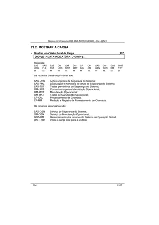 MANUAL DE COMANDO OM- MML SOPHO IS3000 – CALL@NET 
22.2 MOSTRAR A CARGA 
· Mostrar uma Visão Geral da Carga 297 
DIIOVLD :: <DATA-INDICATOR> [[ ,, <UNIT> ]] ;; 
Resposta: 
SAS SAS SAS OM OM OM CP CP SAS OM GOS UNIT 
URG FHL TST URG MNT MAT CAL RM GEN GEN RM TOT 
xx xx xx xx xx xx xx xx xx xx xx xx 
Os recursos primários primárias são: 
SAS-URG Ações urgentes da Segurança do Sistema; 
SAS-FHL Localização e manuseio de falhas de Segurança do Sistema; 
SAS-TST Testes preventivos de Segurança do Sistema; 
OM-URG Comandos urgentes Manutenção Operacional; 
OM-MNT Manutenção Operacional; 
OM-MAT Testes de Manutenção Operacional; 
CP-CAL Processamento de Chamada; 
CP-RM Medição e Registro de Processamento de Chamada. 
Os recursos secundários são: 
SAS-GEN Serviço de Segurança do Sistema; 
OM-GEN Serviço de Manutenção Operacional; 
GOS-RM Gerenciamento dos recursos do Sistema de Operação Global. 
UNIT-TOT Indica a carga total para a unidade. 
104 0107 
 