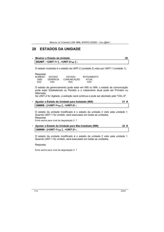 MANUAL DE COMANDO OM- MML SOPHO IS3000 – CALL@NET 
28 ESTADOS DA UNIDADE 
· Mostrar o Estado da Unidade 30 
DIIUNIIT :: <UNIT-1> [[ ,, <UNIT-2>s/r ]] ;; 
O estado mostrado é o estado da UNIT-2 (unidade 2) visto por UNIT-1 (unidade 1). 
Resposta: 
NUMERO ESTADO ESTADO ROTEAMENTO 
UNID GERÊNCIA COMUNICAÇÃO ATUAL 
XXX XXX XXX XXX 
O estado de gerenciamento pode estar em INS ou NIN, o estado da comunicação 
pode estar Estabelecido ou Perdido e o roteamento atual pode ser Primário ou 
Alternado. 
Se UNIT-2 for digitado, a exibição será continua e pode ser abortado pelo "CtrL-X". 
· Ajustar o Estado da Unidade para Instalado (INS) 31 # 
UNIIIINS :: [[<UNIT-1>s/r ]] ,, <UNIT-2> ;; 
O estado da unidade modificado é o estado da unidade 2 visto pela unidade 1. 
Quando UNIT-1 for omitido, será executado em todas as unidades. 
Resposta: 
Entre senha para nível de degradação 2: ? 
· Ajustar o Estado da Unidade para Não Instalado (NIN) 32 # 
UNIINIIN :: [[<UNIT-1>s/r ]] ,, <UNIT-2> ;; 
O estado da unidade modificado é o estado da unidade 2 visto pela unidade 1. 
Quando UNIT-1 for omitido, será executado em todas as unidades. 
Resposta: 
Entre senha para nível de degradação 2: ? 
114 0107 
 