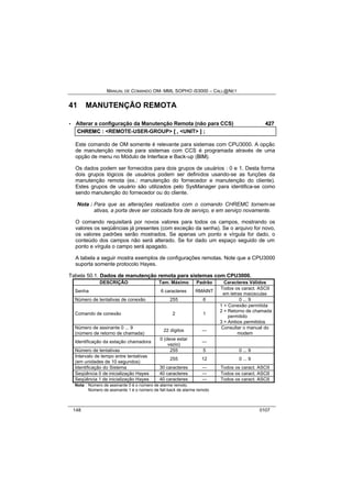MANUAL DE COMANDO OM- MML SOPHO IS3000 – CALL@NET 
41 MANUTENÇÃO REMOTA 
· Alterar a configuração da Manutenção Remota (não para CCS) 427 
CHREMC :: <REMOTE-USER-GROUP> [[ ,, <UNIT> ]] ;; 
Este comando de OM somente é relevante para sistemas com CPU3000. A opção 
de manutenção remota para sistemas com CCS é programada através de uma 
opção de menu no Módulo de Interface e Back-up (BIIM). 
Os dados podem ser fornecidos para dois grupos de usuários : 0 e 1. Desta forma 
dois grupos lógicos de usuários podem ser definidos usando-se as funções da 
manutenção remota (ex.: manutenção do fornecedor e manutenção do cliente). 
Estes grupos de usuário são utilizados pelo SysManager para identifica-se como 
sendo manutenção do fornecedor ou do cliente. 
Nota : Para que as alterações realizados com o comando CHREMC tornem-se 
ativas, a porta deve ser colocada fora de serviço, e em serviço novamente. 
O comando requisitará por novos valores para todos os campos, mostrando os 
valores os seqüências já presentes (com exceção da senha). Se o arquivo for novo, 
os valores padrões serão mostrados. Se apenas um ponto e vírgula for dado, o 
conteúdo dos campos não será alterado. Se for dado um espaço seguido de um 
ponto e vírgula o campo será apagado. 
A tabela a seguir mostra exemplos de configurações remotas. Note que a CPU3000 
suporta somente protocolo Hayes. 
Tabela 50.1. Dados de manutenção remota para sistemas com CPU3000. 
DESCRIÇÃO Tam. Máximo Padrão Caracteres Válidos 
Senha 6 caracteres RMAINT Todos os caract. ASCII 
em letras maiúsculas 
Número de tentativas de conexão 255 6 0 ... 9 
Comando de conexão 2 1 
1 = Conexão permitida 
2 = Retorno de chamada 
permitido 
3 = Ambos permitidos 
Número de assinante 0 ... 9 
(número de retorno de chamada) 
22 dígitos --- Consultar o manual do 
modem 
Identificação da estação chamadora 0 (deve estar 
vazio) --- 
Número de tentativas 255 5 0 ... 9 
Intervalo de tempo entre tentativas 
(em unidades de 10 segundos) 
255 12 0 ... 9 
Identificação do Sistema 30 caracteres --- Todos os caract. ASCII 
Seqüência 0 de inicialização Hayes 40 caracteres --- Todos os caract. ASCII 
Seqüência 1 de inicialização Hayes 40 caracteres --- Todos os caract. ASCII 
Nota : Número de assinante 0 é o número de alarme remoto. 
Número de assinante 1 é o número de fall-back de alarme remoto 
148 0107 
 