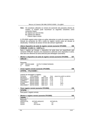 MANUAL DE COMANDO OM- MML SOPHO IS3000 – CALL@NET 
Nota : Os caracteres utilizados no número de assinante são passados através do 
modem. O modem pode reconhecer os seguintes caracteres como 
comandos Hayes: 
W Esperar por tom de linha 
@ Esperar por silêncio 
, Esperar algum tempo. 
A CPU3000 registra todos todas as ações relevantes na porta de acesso remoto. 
Através de comandos de OM a saída do registro remoto pode ser ativada (e 
desativada). Tentativas de acesso remoto são sempre registradas. 
· Alterar dispositivo de saída de registro remoto (somente CPU3000) 436 
CHRLOD :: [[<LDN> ]] [[ ,, <UNIT>s/r ]] ;; 
Após o registro ser iniciado, o dispositivo de saída deve ser especificado pelo 
comando CHRLOD. Quando uma impressora é atribuída como dispositivo e saída, 
esta deve ser diferente da saída atribuída para bilhetagem automática. 
· Mostrar o dispositivo de saída de registro remoto (somente CPU3000) 437 
DIIRLOD :: ;; 
Resposta : 
UNIT DEVICE-NAME OUTPUT-FORMATVERSION 
xx XXXXX XX 
· Iniciar registro remoto (somente CPU3000) 438 
STRTRL :: <FILE-NAME> ;; 
Leiaute da mensagem e registro: 
Comando ID do sistema data hora grupo de usuário ou alarme 
DIALBACK SOPHO iS3050 1995-10-26 09:24 0 / 0 
DISCONNECT SOPHO iS3050 1995-10-26 10:36 0 / 0 
CONNECT SOPHO iS3050 1995-10-27 11:03 1 / 4 
DISCONNECT SOPHO iS3050 1995-10-27 11:12 0 / 0 
ALARM SOPHO iS3050 1995-10-27 13:14 0010 
DISCONNECT SOPHO iS3050 1995-10-27 13:18 0 / 0 
· Parar registro remoto (somente CPU3000) 439 
STOPRL :: ;; 
Para parar o registro remoto. 
· Mostrar o registro remoto (somente CPU3000) 440 
DIISPRL :: ;; 
Resposta : 
ARQUIVO-RL ESTADO-ARQUIVO ESTADO-RL 
XXXXX aberto act 
XXXXX erro escrita act 
150 0107 
 