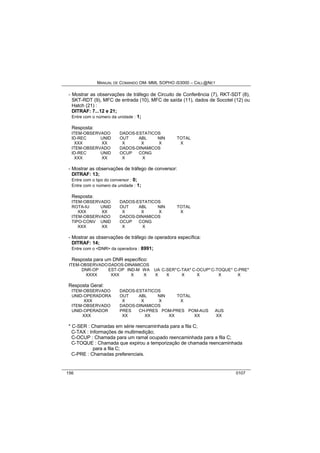 MANUAL DE COMANDO OM- MML SOPHO IS3000 – CALL@NET 
- Mostrar as observações de tráfego de Circuito de Conferência (7), RKT-SDT (8), 
SKT-RDT (9), MFC de entrada (10), MFC de saída (11), dados de Socotel (12) ou 
Hatch (21) : 
DITRAF: 7...12 e 21; 
Entre com o número da unidade : 1; 
Resposta: 
ITEM-OBSERVADO DADOS-ESTATICOS 
ID-REC UNID OUT ABL NIN TOTAL 
XXX XX X X X X 
ITEM-OBSERVADO DADOS-DINAMICOS 
ID-REC UNID OCUP CONG 
XXX XX X X 
- Mostrar as observações de tráfego de conversor: 
DITRAF: 13; 
Entre com o tipo do conversor : 0; 
Entre com o número da unidade : 1; 
Resposta: 
ITEM-OBSERVADO DADOS-ESTATICOS 
ROTA-IU UNID OUT ABL NIN TOTAL 
XXX XX X X X X 
ITEM-OBSERVADO DADOS-DINAMICOS 
TIPO-CONV UNID OCUP CONG 
XXX XX X X 
- Mostrar as observações de tráfego de operadora específica: 
DITRAF: 14; 
Entre com o <DNR> da operadora : 8991; 
Resposta para um DNR específico: 
ITEM-OBSERVADODADOS-DINAMICOS 
DNR-OP EST-OP IND-M WA UA C-SER*C-TAX* C-OCUP*C-TOQUE* C-PRE* 
XXXX XXX X X X X X X X X 
Resposta Geral: 
ITEM-OBSERVADO DADOS-ESTATICOS 
UNID-OPERADORA OUT ABL NIN TOTAL 
XXX X X X X 
ITEM-OBSERVADO DADOS-DINAMICOS 
UNID-OPERADOR PRES CH-PRES POM-PRES POM-AUS AUS 
XXX XX XX XX XX XX 
* C-SER : Chamadas em série reencaminhada para a fila C; 
C-TAX : Informações de multimedição; 
C-OCUP : Chamada para um ramal ocupado reencaminhada para a fila C; 
C-TOQUE : Chamada que expirou a temporização de chamada reencaminhada 
para a fila C; 
C-PRE : Chamadas preferenciais. 
156 0107 
 
