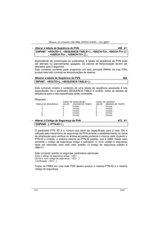 MANUAL DE COMANDO OM- MML SOPHO IS3000 – CALL@NET 
· Alterar a tabela de Seqüência do PVN 458 # ! 
CHPVNT :: <ROUTE> [[ ,, <SEQUENCE-TABLE> [[ ,, <SIGCH-TU>,, <SIGCH-TV> ]] [[ 
,, <USRCH-TU> ,, <USRCH-TV> ]] ]] ;; 
Dependendo da combinação de parâmetros, a tabela de seqüência da PVN pode 
ser alterada ou (parcialmente) apagada. Os valores de temporização devem ser 
alterados para 0 segundos. 
Este comando somente pode programar um lado principal (MAIN) da rota PVN, 
porquê este lado controla as temporizações de reserva. 
· Mostrar a tabela de Seqüência do PVN 460 
DIIPVNT :: <ROUTE> [[ ,, <SEQUENCE-TABLE> ]] ;; 
Este comando mostra o conteúdo de uma tabela de seqüência associada à rota 
especificada. Se o parâmetro SEQUENCE-TABLE é omitido, todas as tabelas de 
seqüência para a rota especificada serão mostradas. 
Resposta: 
CANAL DE SINALIZAÇÃO CANAL DE USUÁRIO 
TABELA DE SEQUÊNCIA VALOR UNIDADE DE TEMPO VALOR UNIDADE DE TEMPO 
1 2 minutos 2 minutos 
2 2 minutos 2 minutos 
3 2 minutos 2 minutos 
4 2 minutos 2 minutos 
5 2 minutos 2 minutos 
· Alterar o Código de Segurança da PVN 472 # ! 
CHPVNS :: [[ <PTN-ID> ]] ;; 
O parâmetro PTN -ID é o número que deve ser especificado para a rede. Ele é 
utilizado pelo mecanismo de segurança da PVN durante o estabelecimento do canal 
de sinalização para verificar se ambas as partes pertence à mesma rede. Quando o 
PTN-ID é omitido, o sistema retorna ao PTN-ID padrão, que é 9999. Neste caso 
somente o código de segurança antigo é solicitado. O novo código e segurança 
deve ser retornado para este valor padrão. O código de segurança padrão é 
‘899111’. 
Este comando solicita os seguintes parâmetros adicionais: 
Entre o código de segurança antigo : <SC> ; 
[ Entre o novo código de segurança : <SC> ; ] 
[ Verificação : <SC> ; ] 
Todos os PABX em uma rede PVN devem possuir o mesmo PTN-ID e o mesmo 
código de segurança. 
174 0107 
 