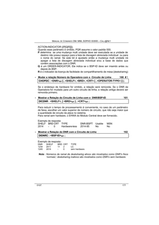 MANUAL DE COMANDO OM- MML SOPHO IS3000 – CALL@NET 
ACTION-INDICATOR ([P[Q[R]]]). 
Quando esse parâmetro é omitido, PQR assume o valor padrão 000. 
P determina se uma mudança multi unidade deve ser executada se a unidade de 
destino não possui espaço para a lista de discagem abreviada individual ou para 
o nome do ramal. Se este bit é ajustado então a mudança multi unidade irá 
apagar a lista de discagem abreviada individual e/ou a base de dados que 
contém associações com o DNR. 
Q é um ORDER-INDICATOR. Ele indica se o BSP-ID deve ser inserido antes ou 
depois do BSP. 
R é o indicador da licença de facilidade de compartilhamento de mesa {desksharing) 
· Mudar a relação Número da Operadora com o Circuito de Linha 100 # ! 
CHOPDC :: <DNR>s/r [[ ,, <SHELF>,, <BRD>,, <CRT> [[ ,, <OPERATOR-TYPE> ]] ]] ;; 
Se o endereço de hardware for omitido, a relação será removida. Se o DNR da 
Operadora for mudado para um outro circuito de linha, a relação antiga deverá ser 
removida primeiro. 
· Mostrar a Relação do Circuito de Linha com o DNR/BSP-ID 101 
DIICDNR :: <SHELF>,, [[ <BRD>s/r ]] ,, <CRT>s/r ;; 
Para reduzir o tempo de processamento é conveniente, no caso de um parâmetro 
de faixa, escolher um valor superior de número de circuito, que não seja maior que 
a quantidade de circuito da placa no sistema. 
Para ramal sem hardware, o EHWA do Módulo Central deve ser fornecido. 
Exemplo de resposta: 
SHELF BRD CRT TYPE DNR-BSPT Usable MSN 
2014 - 0 Hardware-less 2014-95 No No 
· Mostrar a Relação do DNR com o Circuito de Linha 102 
DIIDNRC :: <BSP-ID>s/r ;; 
Exemplo de resposta : 
DNR SHELF BRD CRT TYPE 
1234 2011 11 2 LC 
1245 2014 - 0 sem hardware 
Nota : Números de ramal de desksharing ativos são mostrados como DNR’s fixos 
‘normais’; desksharing inativos são mostrados como DNR’s sem hardware. 
0107 177 
 