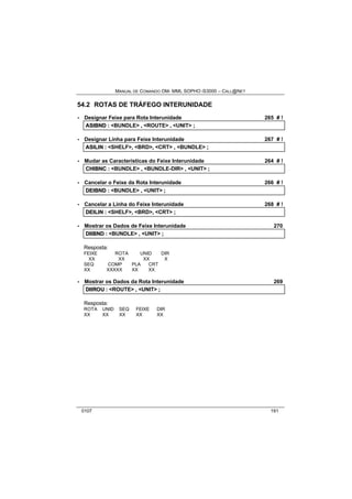 MANUAL DE COMANDO OM- MML SOPHO IS3000 – CALL@NET 
54.2 ROTAS DE TRÁFEGO INTERUNIDADE 
· Designar Feixe para Rota Interunidade 265 # ! 
ASIIBND :: <BUNDLE> ,, <ROUTE> ,, <UNIT> ;; 
· Designar Linha para Feixe Interunidade 267 # ! 
ASIILIIN :: <SHELF>,, <BRD>,, <CRT> ,, <BUNDLE> ;; 
· Mudar as Características do Feixe Interunidade 264 # ! 
CHIIBNC :: <BUNDLE> ,, <BUNDLE-DIR> ,, <UNIT> ;; 
· Cancelar o Feixe da Rota Interunidade 266 # ! 
DEIIBND :: <BUNDLE> ,, <UNIT> ;; 
· Cancelar a Linha do Feixe Interunidade 268 # ! 
DEIILIIN :: <SHELF>,, <BRD>,, <CRT> ;; 
· Mostrar os Dados de Feixe Interunidade 270 
DIIIIBND :: <BUNDLE> ,, <UNIT> ;; 
Resposta: 
FEIXE ROTA UNID DIR 
XX XX XX X 
SEQ COMP PLA CRT 
XX XXXXX XX XX 
· Mostrar os Dados da Rota Interunidade 269 
DIIIIROU :: <ROUTE> ,, <UNIT> ;; 
Resposta: 
ROTA UNID SEQ FEIXE DIR 
XX XX XX XX XX 
0107 191 
 