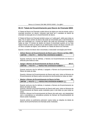 MANUAL DE COMANDO OM- MML SOPHO IS3000 – CALL@NET 
59.3.5 Tabela de Encaminhamento para Desvio de Chamada QSIG 
A Tabela de Desvio de Chamada contém blocos de dígitos por rota de entrada, após a 
chamada encontrar um desvio, indicando qual deve ser o resultado do desvio de 
chamada na execução de um encaminhamento de desvio. 
A Tabela de Desvio de Chamada também possui um 'outlet geral', válido para todas as 
rotas. Se um dado número de desvio não pode ser encontrado para a rota fornecida, é 
feita uma verificação se o número de desvio não pode ser encontrado na categoria 
'todas as rotas'. O número de destino de desvio é encontrado quando um ou mais 
dígitos iniciais ou todos os dígitos de um determinado número de desvio coincide com 
um bloco completo de dígitos, como definido na Tabela de Desvio de Chamada. 
Quando o número de desvio não é encontrado, é executada 'comutação para frente'. 
· Atribuir Número de Encaminhamento de Desvio para o Número da Rota 480# ! 
ASRTDN :: [[ <ROUTE> ]] ,, <REROUTING-DIVERSION-NUMBER> ;; 
Quando nenhuma rota for definida, o Número de Encaminhamento de Desvio é 
atribuído para todas as rotas. 
· Apagar o Número de Encaminhamento de Desvio da Rota 481 # ! 
ERRTDN :: [[ <ROUTE> ]] ,, [[ <REROUTING-DIVERSION-NUMBER> ]] ;; 
Quando nenhuma rota for definida, é apagado o Número de Encaminhamento de 
Desvio de todas as rotas. 
Quando o Número de Encaminhamento de Desvio está vazio, todos os Números de 
Encaminhamento de Desvio serão removidos da rota fornecida (ou todas as rotas). 
· Mostrar o Número de Encaminhamento de Desvio da Rota 482 
DIIRTDN :: [[ <ROUTE> ]] [[ ,, [[ <REROUTING-DIVERSION-NUMBER> ]] ]] ;; 
Quando nenhuma rota for definida, é mostrado o Número de Encaminhamento de 
Desvio de todas as rotas. 
Quando o Número de Encaminhamento de Desvio está vazio, todos os Números de 
Encaminhamento de Desvio serão mostrados para a rota dada (ou para todas as 
rotas). 
Quando o Número de Encaminhamento de Desvio não está vazio, a(s) relação(ões) 
com a coincidência ou coincidência próxima do Número de Encaminhamento de 
Desvio serão mostrados. 
Quando ambos os parâmetros estiverem vazios todas as relações da tabela de 
Desvio de Encaminhamento de Chamada serão mostradas. 
210 0107 
 