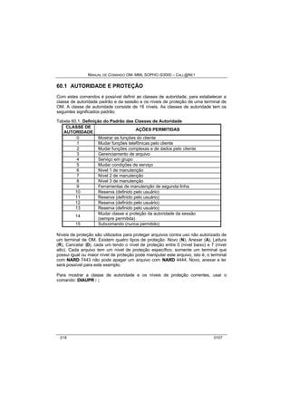 MANUAL DE COMANDO OM- MML SOPHO IS3000 – CALL@NET 
60.1 AUTORIDADE E PROTEÇÃO 
Com estes comandos é possível definir as classes de autoridade, para estabelecer a 
classe de autoridade padrão e da sessão e os níveis de proteção de uma terminal de 
OM. A classe de autoridade consiste de 16 níveis. As classes de autoridade tem os 
seguintes significados padrão: 
Tabela 60.1. Definição do Padrão das Classes de Autoridade 
CLASSE DE 
AUTORIDADE AÇÕES PERMITIDAS 
0 Mostrar as funções do cliente 
1 Mudar funções telefônicas pelo cliente 
2 Mudar funções complexas e de dados pelo cliente 
3 Gerenciamento de arquivo 
4 Serviço em grupo 
5 Mudar condições de serviço 
6 Nível 1 de manutenção 
7 Nível 2 de manutenção 
8 Nível 3 de manutenção 
9 Ferramentas de manutenção de segunda linha 
10 Reserva (definido pelo usuário) 
11 Reserva (definido pelo usuário) 
12 Reserva (definido pelo usuário) 
13 Reserva (definido pelo usuário) 
14 Mudar classe e proteção da autoridade da sessão 
(sempre permitida) 
15 Subcomando (nunca permitido) 
Níveis de proteção são utilizados para proteger arquivos contra uso não autorizado de 
um terminal de OM. Existem quatro tipos de proteção: Novo (N), Anexar (A), Leitura 
(R), Cancelar (D), cada um tendo o nível de proteção entre 0 (nível baixo) e 7 (nível 
alto). Cada arquivo tem um nível de proteção específico; somente um terminal que 
possui igual ou maior nível de proteção pode manipular este arquivo, isto é, o terminal 
com NARD 7443 não pode apagar um arquivo com NARD 4444. Novo, anexar e ler 
será possível para este exemplo. 
Para mostrar a classe de autoridade e os níveis de proteção correntes, usar o 
comando: DIIAUPR : ; 
218 0107 
 