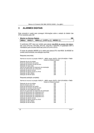 MANUAL DE COMANDO OM- MML SOPHO IS3000 – CALL@NET 
3 ALARMES DIGITAIS 
Este comando é usado para conseguir informações sobre o estado do detetor das 
DTUs recebidos pela CM. 
· Mostrar os Alarmes Digitais 300 
DIIDIILA :: <SHELF> ,, <BRD>s/r [[ ,, [[<CRT>s/r ]] [[ ,, <MODE> ]] ]] ;; 
O parâmetro CRT deve ser omitido para placas não-RDSI de acesso não básico, 
tais como DTU-CA, DTU-PR, DTU-CC, DTU-PH, e DTU-PU. O parâmetro CRT é 
mandatório para circuitos RDSI tais como DTU-PH e DTX-I. 
O modo de exibição (MODE) só é valido para placas DTU não-RDSI. Se MODE for 
omitido será fornecida uma exibição resumida. 
Resposta (resumida): 
Alarmes do recurso na posição <SHELF> , <BRD> desde <DATE> <DAY-OF-WEEK> <TIME> 
Estado do DetetorContador 
Detecção de erro de relógio S/N 0 
Perda de alinhamento de quadro S/N 0 
Detecção de excesso de taxa de erro S/N 0 
Detecção de lapso (slip) S/N 0 
Alarme de supervisão do tratamento da sinalização S/N 0 
Perda de alinhamento de multiquadro S/N 0 
Detecção de alarme remoto S/N 0 
Detecção de alarme remoto no TS16 S/N 0 
Detecção de AIS 2 Mbit/s S/N 0 
Detecção de AIS 64 kbit/s S/N 0 
Resposta (exibição completa): 
Alarmes do recurso na posição <SHELF> , <BRD> desde <DATE> <DAY-OF-WEEK> <TIME> 
Estado do DetetorContador 
Detecção de erro de relógio S/N 0 
Alarme indicado pela LTU S/N 0 
Perda de alinhamento de quadro S/N 0 
Detecção de excesso de taxa de erro S/N 0 
Detecção de escorregamento (slip) S/N 0 
Alarme de supervisão de tratamento de sinalização S/N 0 
Perda de alinhamento de multiquadro bit 0 S/N 0 
Perda de alinhamento de multiquadro bit 1 S/N 0 
Perda de alinhamento de multiquadro bit 2 S/N 0 
Perda de alinhamento de multiquadro bit 3 S/N 0 
Detecção de alarme remoto S/N 0 
Detecção de alarme remoto no TS16 S/N 0 
Detecção de AIS 2 Mbit/s S/N 0 
Detecção de AIS 64 kbit/s S/N 0 
22 0107 
 