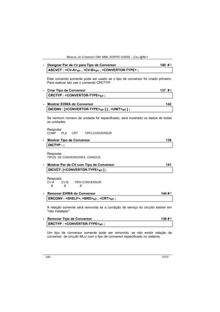 MANUAL DE COMANDO OM- MML SOPHO IS3000 – CALL@NET 
· Designar Par de CV para Tipo de Conversor 140 # ! 
ASCVCT :: <CV-A>s/r ,, <CV-B>s/r ,, <CONVERTOR-TYPE> ;; 
Este comando somente pode ser usado se o tipo de conversor for criado primeiro. 
Para realizar isto use o comando CRCTYP. 
· Criar Tipo de Conversor 137 # ! 
CRCTYP :: <CONVERTOR-TYPE>s/r ;; 
· Mostrar EHWA do Conversor 142 
DIICONV :: [[<CONVERTOR-TYPE>s/r ]] [[ ,, <UNIT>s/r ]] ;; 
Se nenhum número de unidade for especificado, será mostrado os dados de todas 
as unidades. 
Resposta: 
COMP PLA CRT TIPO-CONVERSOR 
· Mostrar Tipo de Conversor 139 
DIICTYP :: ;; 
Resposta: 
TIPOS DE CONVERSORES CRIADOS 
· Mostrar Par de CV com Tipo de Conversor 141 
DIICVCT:: [[<CONVERTOR-TYPE>s/r ]] ;; 
Resposta: 
CV-A CV-B TIPO-CONVERSOR 
X X X 
· Remover EHWA do Conversor 144 # ! 
ERCONV :: <SHELF>,, <BRD>s/r ,, <CRT>s/r ;; 
A relação somente será removida se a condição de serviço do circuito estiver em 
"não instalado". 
· Remover Tipo de Conversor 138 # ! 
ERCTYP :: <CONVERTER-TYPE>s/r ;; 
Um tipo de conversor somente pode ser removido, se não existir relação de 
conversor de circuito MLU com o tipo de conversor especificado no sistema. 
240 0107 
 
