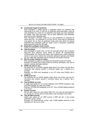 MANUAL DE COMANDO OM- MML SOPHO IS3000 – CALL@NET 
28 Combinação ilegal de parâmetro. 
Esta mensagem é usada quando o parâmetro dentro do comando está 
relacionado a um outro. O valor de um parâmetro pode executado o valor de 
outro parâmetro ou o valor de um parâmetro deve exigir que outro parâmetro 
for omitido. Para este caso esse, não se pode determinar qual parâmetro 
atual está errado (validação fatal). 
Esta mensagem é também usada se um certo parâmetro for composto de 
vários itens (ex.: um parâmetro é um fluxo de bit, onde cada bit representa 
uma opção). Se um item do parâmetro exclui outro item dentro do mesmo 
parâmetro esta mensagem pode ser usada. Como é conhecido o parâmetro 
errado esse erro pode ser não fatal. 
29 Dispositivo protegido contra escrita. 
Tentou-se escrever em um dispositivo protegido. 
30 Falta de espaço. 
Esta mensagem é usada como um erro de execução porque não há espaço 
disponível para adicionar novos dados no serviço de processamento 
correspondente. Na maioria dos casos, será evidente que a ação específica 
causa um erro pois a maioria dos comandos adicionam apenas uma relação 
por vez, então esta mensagem de erro fornecerá informação suficiente. 
31 Não foi achado relações ou dados. 
Esta mensagem é usada em comandos que executam função de mostrar. 
Exemplo: Foi pedido para mostrar todos os números abreviados, mas não há 
nenhum números abreviado definido. 
32 EHWA não está em uso. 
Os elementos de um EHWA digitado estão dentro dos limites mas ele não é 
conhecido pelo sistema quando o comando requer que o sistema já o 
conheça. 
Exemplo: Um DNR será designado a um LCT (mas este EHWA) não é 
conhecido. 
33 EHWA já em uso. 
Os elementos de um EHWA digitado estão dentro dos limites mas ele já é 
conhecido pelo sistema quando o comando requer que o sistema não o 
conheça. 
34 Tipo de EWHA incorreto. 
É usado para ações em um recurso (digitado como EHWA) enquanto o tipo 
de EHWA digitado não casa com a ação. 
Exemplo: Um DNR será designado a um LCT, mas o EHWA digitado pertence 
a um tronco. 
35 Estado incorreto. 
Se uma ação requer um certo estado (NIN, OUT, etc.) para ser executada em 
um recurso, e o recurso não tem este estado, esta mensagem será usada. 
36 Tipo de DNR incorreto. 
Usada para ações em um DNR quando o DNR não tem o tipo correto 
(operadora, grupo, ramal). 
Exemplo: Um ramal terá ser movido, mas o DNR digitado pertence a uma 
operadora em vez de um ramal. 
248 0107 
 