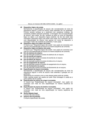 MANUAL DE COMANDO OM- MML SOPHO IS3000 – CALL@NET 
45 Dispositivo lógico não existe. 
Normalmente a especificação de arquivo são concatenações de nome de 
dispositivos lógicos e nome de arquivo (mais extensão) em um parâmetro. 
Primeiro sempre verifique se o parâmetro tem caracteres inválidos. Se 
caracteres inválidos estiverem presentes a mensagem "Erro de especificação 
de arquivo" será usada. Se não, verifique se parte do nome do dispositivo 
lógico se refere a um dispositivo lógico existente. Se ele não existir esta 
mensagem "Dispositivo lógico não existe" será usada. Se o parâmetro não for 
uma especificação de arquivo mas apenas um nome de dispositivo a 
mensagem "Valor não existente do parâmetro x" será usada. 
46 Dispositivo lógico de origem não existe. 
O mesmo que "Dispositivo lógico não existe", mas usado em comandos com 
mais de uma especificação de arquivo na mesma seqüência de comando. 
47 Dispositivo lógico de destino não existe. 
O mesmo que "Dispositivo lógico não existe", mas usado em comandos com 
mais de uma especificação de arquivo na mesma seqüência de comando. 
48 Erro de abertura de arquivo. 
Erro de execução quando do acesso de abertura de um arquivo. 
49 Erro de escrita em arquivo. 
Erro de execução quando do acesso de escrita de um arquivo. 
50 Erro de leitura de arquivo. 
Erro de execução quando do acesso de leitura de um arquivo. 
51 Erro de apagamento de arquivo. 
Erro de execução quando do acesso de apagamento de um arquivo. 
52 Erro de fechamento de arquivo. 
Erro de execução quando do acesso de fechamento de um arquivo. 
53 Especificação de arquivo incompleta. 
Normalmente a especificação de arquivo são concatenações de nome de 
dispositivos lógicos e nome de arquivo mais extensão e geração em um 
parâmetro. 
Dependendo do comando uma ou mais dessas partes pode ser omitida. 
Então, padrões podem ser usados por parte. Esta mensagem é usada se a 
parte omitida não for padrão. 
54 Especificação de arquivo de origem incompleta. 
O mesmo que "Especificação de arquivo incompleta", mas usado em 
comandos com mais de uma especificação na mesma seqüência de 
comando. 
55 Especificação de arquivo de destino incompleta. 
O mesmo que "Especificação de arquivo incompleta", mas usado em 
comandos com mais de uma especificação na mesma seqüência de 
comando. 
56 Senha digitada ilegal. 
A senha não está correta. 
57 Arquivo não encontrado. 
O arquivo especificado não existe. 
250 0107 
 