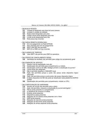 MANUAL DE COMANDO OM- MML SOPHO IS3000 – CALL@NET 
- OM BUSCA PESSOA 
121 Unidade já designado para área de busca pessoa 
122 Unidade é unidade de utilidade 
123 Rotas ainda designadas para área 
124 Código virtual ainda designado para rota 
125 Linhas ainda designadas para rota 
135 Rota possui tipo incorreto 
- OM CARGA REMOTA (DOWNLOAD) 
110 Erro de apagamento na Flash-EPROM 
111 Sem resposta para erro de apagamento 
120 BSPT total (99) não permitido 
121 BSP-ID ou DNR com tipo incorreto 
- OM CLASSES DE TRÁFEGO 
120 Valor BSPT não permito para DNR de operadora. 
- OM CÓDIGO DE CANCELAMENTO GERAL 
120 Identidade de resultado não permitido para código de cancelamento geral 
- OM CONDIÇÃO DE SERVIÇO: 
111 Requer nível de degradação mais alto 
112 Desativação não permitida para compartimento ou módulo. 
113 Desativação contínua de CBU. Desligar primeiro a atualização do journal ! 
114 Canal virtual não designado. 
137 Não é permitido desativar o SSM-MPC local 
138 Ação não permitida porque a porta não possui ainda dispositivo lógico 
associado 
139 Ação não permitida porque a porta ainda não possui dispositivo lógico 
140 O último dispositivo de OM não pode ser desativado nesta plataforma SOPHO 
iS3000 
186 Desativação não permitida para compartimento, módulo ou CPU. 
- OM CONFIGURAÇÃO DE HARDWARE 
110 Número de circuito não permitido para a placa 
111 Ação não permitida, enquanto a atualização do journal está ligada ! 
112 Placas ainda presente no compartimento 
113 A seqüência de números é inválida 
114 Enlaces ainda presentes 
115 Dispositivos ainda presentes 
116 Relações de DTU-feixes ainda presentes com o feixe 
117 DNR ainda presente 
118 Relações de rota-linha ainda presentes 
119 Relações de feixe-linha ainda presentes 
120 Relações de ramais especiais ainda presentes 
0107 253 
 