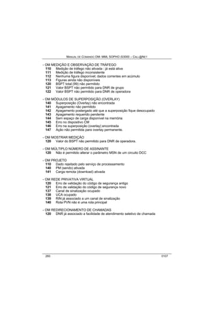 MANUAL DE COMANDO OM- MML SOPHO IS3000 – CALL@NET 
- OM MEDIÇÃO E OBSERVAÇÃO DE TRÁFEGO 
110 Medição de tráfego não ativada : já está ativa 
111 Medição de tráfego inconsistente 
112 Nenhuma figura disponível; dados correntes em acúmulo 
113 Figuras ainda não disponíveis 
120 BSPT total (99) não permitido 
121 Valor BSPT não permitido para DNR de grupo 
122 Valor BSPT não permitido para DNR de operadora 
- OM MÓDULOS DE SUPERPOSIÇÃO (OVERLAY) 
140 Superposição (Overlay) não encontrada 
141 Apagamento não permitido 
142 Apagamento postergado até que a superposição fique desocupado 
143 Apagamento requerido pendente 
144 Sem espaço de carga disponível na memória 
145 Erro no dispositivo CM 
146 Erro na superposição (overlay) encontrada 
147 Ação não permitida para overlay permanente. 
- OM MOSTRAR MEDIÇÃO 
120 Valor do BSPT não permitido para DNR de operadora. 
- OM MÚLTIPLO NÚMERO DE ASSINANTE 
120 Não é permitido alterar o parâmetro MSN de um circuito DCC 
- OM PROJETO 
110 Dado rejeitado pelo serviço de processamento 
140 PM (sendo) ativada 
141 Carga remota (download) ativada 
- OM REDE PRIVATIVA VIRTUAL 
120 Erro de validação do código de segurança antigo 
121 Erro de validação do código de segurança novo 
137 Canal de sinalização ocupado 
138 UCA ocupado 
139 RIN já associado a um canal de sinalização 
140 Rota PVN não é uma rota principal 
- OM REDIRECIONAMENTO DE CHAMADAS 
120 DNR já associado a facilidade de atendimento seletivo de chamada 
260 0107 
 