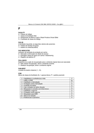 MANUAL DE COMANDO OM- MML SOPHO IS3000 – CALL@NET 
F 
FACILITY 
0 = Classe de tráfego 
1 = classe de facilidade SAS 
2 = Roteamento de Menor Custo e Rede Privativa Virtual iSNet 
3 = Facilidade de classe de tráfego 
FAC-ID 
A facilidade requerida; os seguintes valores são possíveis: 
0 = estado de membro de grupo. 
1 = estado do chefe/Secretária. 
FAC-INDICATOR 
Indicador de facilidade de proteção por senha 
0 = Elevação e diminuição de classe de serviço 
1 = Discagem direta de saída com senha / Desksharing 
2 = Registro de telefone IP 
FALL-BACK 
Especifica se a ação de recuperação para o ambiente original deve ser executada 
0 = Não realizar recuperação, ativar o ambiente corrente. 
1 = Realizar recuperação, ativar o ambiente original. 
FAR-DEST 
Unidade de destino distante (1...14). 
FCM 
Marca de classe de facilidade (AL = apenas leitura, P = padrão possível): 
0 = Habilitado à conferência à três P 
1 = IABD e LENR AL 
2 = Habilitado a intercalação P 
3 = Protegido contra intercalação P 
4 = Proteção de dados P 
5 = Hab. proteção de dados discada P 
6 = Bloqueado à conexão com linha tronco P 
7 = Habilitado a siga-me P 
8 = Protegido contra siga-me P 
9 = Bloqueado para DDR P 
10 = Marca de medição P 
11 = Preferencial à operadora P 
290 0107 
 