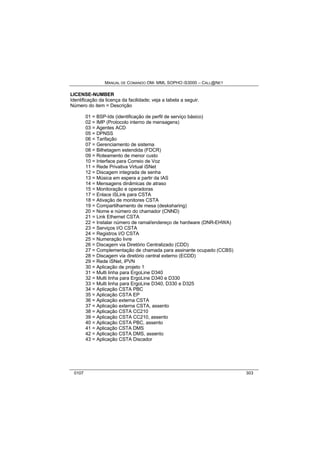 MANUAL DE COMANDO OM- MML SOPHO IS3000 – CALL@NET 
LICENSE-NUMBER 
Identificação da licença da facilidade; veja a tabela a seguir. 
Número do item = Descrição 
01 = BSP-Ids (identificação de perfil de serviço básico) 
02 = IMP (Protocolo interno de mensagens) 
03 = Agentes ACD 
05 = DPNSS 
06 = Tarifação 
07 = Gerenciamento de sistema 
08 = Bilhetagem estendida (FDCR) 
09 = Roteamento de menor custo 
10 = Interface para Correio de Voz 
11 = Rede Privativa Virtual iSNet 
12 = Discagem integrada de senha 
13 = Música em espera a partir da IAS 
14 = Mensagens dinâmicas de atraso 
15 = Monitoração e operadoras 
17 = Enlace iSLink para CSTA 
18 = Ativação de monitores CSTA 
19 = Compartilhamento de mesa (desksharing) 
20 = Nome e número do chamador (CNND) 
21 = Link Ethernet CSTA 
22 = Instalar número de ramal/endereço de hardware (DNR-EHWA) 
23 = Serviços I/O CSTA 
24 = Registros I/O CSTA 
25 = Numeração livre 
26 = Discagem via Diretório Centralizado (CDD) 
27 = Complementação de chamada para assinante ocupado (CCBS) 
28 = Discagem via diretório central externo (ECDD) 
29 = Rede iSNet, iPVN 
30 = Aplicação de projeto 1 
31 = Multi linha para ErgoLine D340 
32 = Multi linha para ErgoLine D340 e D330 
33 = Multi linha para ErgoLine D340, D330 e D325 
34 = Aplicação CSTA PBC 
35 = Aplicação CSTA EP 
36 = Aplicação externa CSTA 
37 = Aplicação externa CSTA, assento 
38 = Aplicação CSTA CC210 
39 = Aplicação CSTA CC210, assento 
40 = Aplicação CSTA PBC, assento 
41 = Aplicação CSTA DMS 
42 = Aplicação CSTA DMS, assento 
43 = Aplicação CSTA Discador 
0107 303 
 