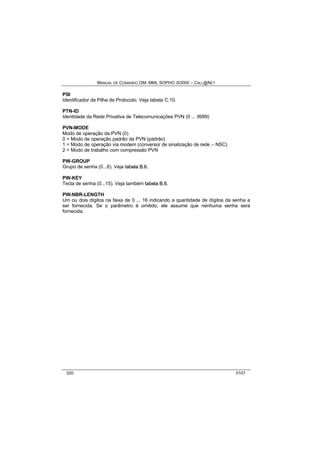 MANUAL DE COMANDO OM- MML SOPHO IS3000 – CALL@NET 
PSI 
Identificador de Pilha de Protocolo. Veja tabela C.10. 
PTN-ID 
Identidade da Rede Privativa de Telecomunicações PVN (0 ... 9999) 
PVN-MODE 
Modo de operação da PVN (0) 
0 = Modo de operação padrão da PVN (padrão) 
1 = Modo de operação via modem (conversor de sinalização de rede – NSC) 
2 = Modo de trabalho com compressão PVN 
PW-GROUP 
Grupo de senha (0...6). Veja ttabella B..6. 
PW-KEY 
Tecla de senha (0...15). Veja também ttabella B..6. 
PW-NBR-LENGTH 
Um ou dois dígitos na faixa de 0 ... 16 indicando a quantidade de dígitos da senha a 
ser fornecida. Se o parâmetro é omitido, ele assume que nenhuma senha será 
fornecida. 
320 0107 
 