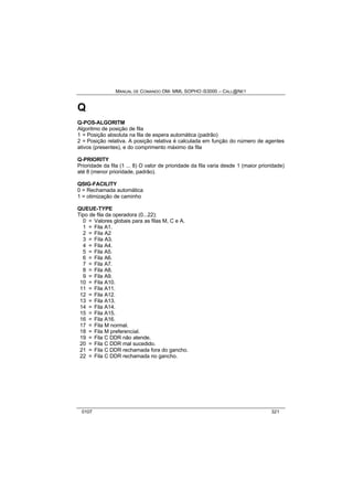 MANUAL DE COMANDO OM- MML SOPHO IS3000 – CALL@NET 
Q 
Q-POS-ALGORITM 
Algoritmo de posição de fila 
1 = Posição absoluta na fila de espera automática (padrão) 
2 = Posição relativa. A posição relativa é calculada em função do número de agentes 
ativos (presentes), e do comprimento máximo da fila 
Q-PRIORITY 
Prioridade da fila (1 ... 8) O valor de prioridade da fila varia desde 1 (maior prioridade) 
até 8 (menor prioridade, padrão). 
QSIG-FACILITY 
0 = Rechamada automática 
1 = otimização de caminho 
QUEUE-TYPE 
Tipo de fila da operadora (0...22): 
0 = Valores globais para as filas M, C e A. 
1 = Fila A1. 
2 = Fila A2 
3 = Fila A3. 
4 = Fila A4. 
5 = Fila A5. 
6 = Fila A6. 
7 = Fila A7. 
8 = Fila A8. 
9 = Fila A9. 
10 = Fila A10. 
11 = Fila A11. 
12 = Fila A12. 
13 = Fila A13. 
14 = Fila A14. 
15 = Fila A15. 
16 = Fila A16. 
17 = Fila M normal. 
18 = Fila M preferencial. 
19 = Fila C DDR não atende. 
20 = Fila C DDR mal sucedido. 
21 = Fila C DDR rechamada fora do gancho. 
22 = Fila C DDR rechamada no gancho. 
0107 321 
 