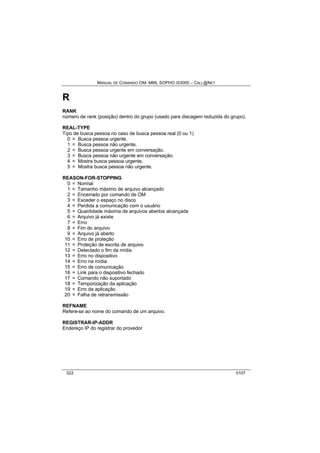 MANUAL DE COMANDO OM- MML SOPHO IS3000 – CALL@NET 
R 
RANK 
número de rank (posição) dentro do grupo (usado para discagem reduzida do grupo). 
REAL-TYPE 
Tipo de busca pessoa no caso de busca pessoa real (0 ou 1) 
0 = Busca pessoa urgente. 
1 = Busca pessoa não urgente. 
2 = Busca pessoa urgente em conversação. 
3 = Busca pessoa não urgente em conversação. 
4 = Mostra busca pessoa urgente. 
5 = Mostra busca pessoa não urgente. 
REASON-FOR-STOPPING 
0 = Normal 
1 = Tamanho máximo de arquivo alcançado 
2 = Encerrado por comando de OM 
3 = Exceder o espaço no disco 
4 = Perdida a comunicação com o usuário 
5 = Quantidade máxima de arquivos abertos alcançada 
6 = Arquivo já existe 
7 = Erro 
8 = Fim do arquivo 
9 = Arquivo já aberto 
10 = Erro de proteção 
11 = Proteção de escrita de arquivo 
12 = Detectado o fim da mídia 
13 = Erro no dispositivo 
14 = Erro na mídia 
15 = Erro de comunicação 
16 = Link para o dispositivo fechado 
17 = Comando não suportado 
18 = Temporização da aplicação 
19 = Erro da aplicação 
20 = Falha de retransmissão 
REFNAME 
Refere-se ao nome do comando de um arquivo. 
REGISTRAR-IP-ADDR 
Endereço IP do registrar do provedor 
322 0107 
 