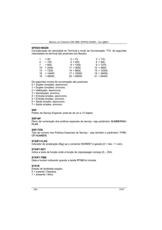 MANUAL DE COMANDO OM- MML SOPHO IS3000 – CALL@NET 
SPEED+MODE 
Concatenação de velocidade do Terminal e modo de Conversação: TTC. As seguintes 
velocidades do terminal são possíveis (em Bauds): 
1 = 50; 2 = 75; 3 = 110; 
4 = 150; 5 = 200; 6 = 300; 
7 = 600; 8 = 1200; 9 = 1275; 
10 = 2400; 11 = 3600; 12 = 4800; 
13 = 7200; 14 = 9600; 15 = 12000; 
16 = 14400; 17 = 19200; 18 = 38400; 
19 = 48000; 20 = 56000; 21 = 64000 
Os seguintes modos de conversação são possíveis: 
0 = Duplex completo, assíncrono. 
1 = Duplex completo, síncrono. 
2 = Halfduplex, assíncrono. 
3 = Semiduplex, síncrono. 
4 = Entrada simplex, assíncrono. 
5 = Entrada simplex, síncrono. 
6 = Saída simplex, assíncrono. 
7 = Saída simplex, síncrono. 
SSP 
Prefixo de Serviço Especial: pode ter de um a 12 dígitos. 
SSP-NP 
Plano de numeração dos prefixos especiais de serviço: veja parâmetro NUMBERIING-- 
PLAN 
SSP-TON 
Tipo de número dos Prefixos Especiais de Serviço : veja também o parâmetro TYPE-- 
OF--NUMBER. 
START-FLAG 
Indicador de sinalização (flag) se o comando WARMST é gerado.(0 = não, 1 = sim). 
START-KEY 
Indica a tecla de função onde a função de cópia/apagar começa (0... 254). 
START-TIME 
Data e horário indicando quando a tarefa PFSM foi iniciada 
STATE 
Estado de facilidade exigido: 
0 = ausente / Desativa 
1 = presente / Ativa 
330 0107 
 