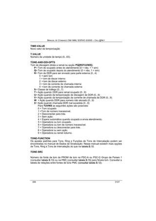 MANUAL DE COMANDO OM- MML SOPHO IS3000 – CALL@NET 
TIME-VALUE 
Novo valor da temporização 
T-VALUE 
Número da unidade de tempo (0...63). 
TONE-AND-DDI-OPTS 
Tom de discagem direta a ramal na opção PQ[RSTUVWX]; 
P= Tom de ocupado antes do atendimento (0 = não, 1 = sim) 
Q= Tom de ocupado depois do atendimento (0 = não, 1 = sim) 
R= Tom de DDR para ser enviado para parte externa (0...4) 
0 = sem tom 
1 = tom de discar interno 
2 = tom de discar externo 
3 = tom de corrente de chamada interna 
4 = tom de corrente de chamada externa 
S= Classe de tráfego (0...7) 
T = Ação quando DDR para ramal ocupado (0...9) 
U= Ação quando da temporização de discagem de DDR (0...9) 
V= Ação quando da temporização da corrente de chamada de DDR (0...9) 
W = Ação quando DDR para número não alocado (0...9) 
X= Ação quando chamada DDR mal sucedida (0...9) 
Para TUVWX as seguintes ações são possíveis: 
0 = Tom ocupado 
1 =Tom de número inacessível. 
2 = Desconectar para trás. 
3 = Sem ação. 
4 = Espera automática quando ocupado e envia atendimento. 
5 = Operadora ou tom ocupado. 
6 = Operadora ou tom de número inacessível. 
7 = Operadora ou desconectar para trás. 
8 = Operadora ou sem ação. 
9 = Operadora ou ramal noturno. 
TONE-FUNCTION 
Os ajustes padrões para Tons, Ring e Funções de Tons de Intercalação podem ser 
encontradas no manual de Dados de Sinalização. Nesse manual existem mais opções 
de Tons, Ring e Tons de Intercalação do que na ttabella B..10. 
TONE-SRC 
Número da fonte de tom da PROM de tom na PSC-A ou PSC-G Grupo de Países 1 
(consultar ttabella B..13) ou na PMC (consultar ttabella B..15) para Níveis tom. Consultar a 
tabela de relações entre fontes de tons PMC (consullttarr ttabella B..12). 
356 0107 
 