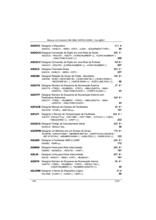 MANUAL DE COMANDO OM- MML SOPHO IS3000 – CALL@NET 
ASDEVC Designar o Dispositivo 411 # 
ASDEVC : <SHELF> , <BRD>, <CRT> , <LDN> , <EQUIPMENT-TYPE> ; 84 
ASDGCO Designar Conversão de Dígito em uma Rota de Saída 390 # ! 
ASDGCO : <ROUTE> , <DEST> , [<ORIG-NUMBER> ] [ , <CONV-NUMBER> [ 
, <DIALTONE-PLACE> ] ] ; 208 
ASDGCV Designar Conversão de Dígito em uma Rota de Entrada 164 # !! 
ASDGCV : <ROUTE> , [[<ORIG-NUMBER> ] [ , <CONV-NUMBER> ] ; 207 
ASDIICA Designar Chamada Direta 393 # ! 
ASDICA : <SHELF> , <BRD>, <CRT> ; 237 
ASEXSE Designar Relação de Grupo de Chefe - Secretária 146 # !! 
ASEXSE : <EXEC / SECR-BSP-ID> , [<EXEC-BSP-ID> ] , [<EXEC-RANK> ] , 
<SECR-BSP-ID> ; [ , [<SECR-RANK> ] [ , <EXEC-LINE-POS> ] ] ; 66 
ASEXTN Designar Número do Esquema de Numeração Externa 37 # !! 
ASEXTN : <TREE> , <NUMBER> , <TRFC> , <MIN-LENGTH> , <MAX-LENGTH> 
, <DIALTONE-PLACE> [ , <TARIFF-CLASS> ] ; 43 
ASEXTP Designar Número do Esquema de Numeração Externa com 
Parâmetros Adicionais 328 # !! 
ASEXTP : <TREE> , <NUMBER> , <TRFC> , <MIN-LENGTH> , <MAX-LENGTH> 
, <DIALTONE-PLACE> ; 43 
ASFACM Designar Marcas de Classes de Facilidades 20 # !! 
ASFACM : <FCM>s , <BSP-ID>s/r ; 151 
ASFATII Designar o Serviço de Temporização de Facilidade 224 # !! 
ASFATI: <FACILITY>s/r , <ON-TIME> , <OFF-TIME> , <CYCLIC> [ , [<SEQ-TABLE/ 
ZONE> ] [ , <UNIT> ] ] ; 232 
ASGECA Designar Código de Cancelamento Geral 325 # !! 
ASGECA : RESULT-IDs ; 58 
ASGRPM Designar um Membro em um Arranjo de Grupo 178 # !! 
ASGRPM: <GROUP-DNR>, <MEMBER-BSP-ID> , [<SWITCH-ALLOWANCE / 
INIT-STATUS>] , <MEMBER-RANK> [ , <LINE-POS> ] [ , <PARK-POS> ] ] ; 123 
ASIIABD Designar a Facilidade IABD e LENR 244 # !! 
ASIABD : <DNR>s/r ; 112 
ASIIBND Designar Feixe para Rota Interunidade 265 # !! 
ASIBND : <BUNDLE> , <ROUTE> , <UNIT> ; 191 
ASIILIIN Designar Linha para Feixe Interunidade 267 # !! 
ASILIN : <SHELF> , <BRD>, <CRT> , <BUNDLE> ; 191 
ASIINTN Designar Número do Esquema de Numeração Interna 36 # !! 
ASINTN : <TREE> , <NUMBER> , <TRFC> , <RESULT-ID> [ , 
[<DEST/NUMBER> ] [ , <NUMBER-LENGTH> ] ] ; 40 
ASLDNM Designar o Nome do Dispositivo Lógico 61 # 
ASLDNM : [<LDN1> ] , <LDN2> [ , <UNIT> ] ; 88 
376 0107 
 