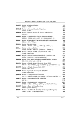 MANUAL DE COMANDO OM- MML SOPHO IS3000 – CALL@NET 
DIDEST Mostrar os Dados do Destino 171 
DIDEST : <DEST> ; 205 
DIDEVC Mostrar as Características dos Dispositivos 421 
DIDEVC : <LDN> ; 86 
DIDFCM Mostrar as Marcas Padrões de Classes de Facilidades 19 
DIDFCM : ; 152 
DIDGCO Mostrar a Conversão de Dígito em uma Rota de Saída 400 
DIDGCO : <ROUTE>s/r [ , [ <DEST> ] [ , [ <ORIG-NUMBER> ] ] ; 208 
DIDIAL Mostrar as Relações do Tipo de Discagem à Árvore de Análise 44 
DIDIAL : [ <DIAL-TYPE>s/r ] ; 42 
DIDICA Mostrar Chamada Direta 394 
DIDICA : [ <SHELF> , <BRD>s/r , <CRT>s/r ] [ , <UNIT> s/r ] ; 237 
DIDILA Mostrar os Alarmes Digitais 300 
DIDILA : <SHELF> , <BRD>s/r [ , [ <CRT>s/r ] [ , <MODE> ] ] ; 22 
DIDNRC Mostrar a Relação do DNR com o Circuito de Linha 102 
DIDNRC : <BSP-ID>s/r ; 177 
DIDNRL Apagar a Relação Número do Ramal com o Domínio Local 578 
DIDNRL : [ <DNR>s/r ] [ , <LOCAL-DOMAIN-ID> ]; 187 
DIDNRM Mostrar Todos os BSP-IDs Pertencentes ao Número do Menu 396 
DIDNRM : [ <MENU>s/r ] [ , <UNIT> ] ; 231 
DIDNRN Mostrar a Relação Nome / Número do Ramal (CDD) 542 
DIDNRN : <DNR/NUMBER>s [ , [ <CLUSTER-ID> ] [ , [ <DIRECTORY> ] ] ] ; 196 
DIIDNRR Mostrar a Relação Endereço MAC / SMA 509 
DIDNRR : <BSP-ID>s/r ; 178 
DIDNRS Mostrar Capacidade de Serviço do DNR/BSP 210 
DIDNRS : <BSP-ID>s/r ; 122 
DIDOTE Mostrar o Carregamento do Terminal(s) 559 
DIDOTE: [ <PACK> [ , [ <SHELF> ] , [ <BRD> ] [ ,[ <CRT> ] [ <UNIT>s/r ] ] ] ] ; 61 
DIEPLE Mostrar o Ponto de Entrada de Troca Local 524 
DIEPLE : ; 216 
DIEQID Mostrar a Identificação dos Equipamentos 536 !! 
DIEQID : <SHELF> , <BRD>s/r [ , [<CRT>s/r ] , <EQUIPMENT-ID> ] ; 79 
DIESGR Mostrar o Grupo de Chefe-Secretária 302 
DIESGR : [ <GROUP-DNR> ] ; 67 
DIEXID Mostrar a Identidade da Central (e Configurações Carregadas) 113 
DIEXID : [ <UNIT> ] [ , <REPORT-FORM>] ; 105 
392 0107 
 