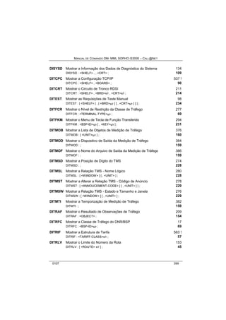 MANUAL DE COMANDO OM- MML SOPHO IS3000 – CALL@NET 
DISYSD Mostrar a Informação dos Dados de Diagnóstico do Sistema 134 
DISYSD : <SHELF> , , <CRT> ; 109 
DITCPC Mostrar a Configuração TCP/IP 537 ! 
DITCPC : <SHELF> , <BOARD> ; 90 
DITCRT Mostrar o Circuito de Tronco RDSI 211 
DITCRT : <SHELF> , <BRD>s/r , <CRT>s/r ; 214 
DITEST Mostrar as Requisições de Teste Manual 98 
DITEST : [ <SHELF> [ , [ <BRD>s/r ] [ , <CRT>s/r ] ] ] ; 234 
DITFCR Mostrar o Nível de Restrição da Classe de Tráfego 277 
DITFCR : <TERMINAL-TYPE>s/r ; 69 
DITFKM Mostrar o Menu de Tecla de Função Transferido 294 
DITFKM : <BSP-ID>s/r [ , <KEY>s/r ] ; 231 
DITMOB Mostrar a Lista de Objetos de Medição de Tráfego 376 
DITMOB : [ <UNIT>s/r ] ; 160 
DITMOD Mostrar o Dispositivo de Saída da Medição de Tráfego 384 
DITMOD : ; 159 
DITMOF Mostrar o Nome do Arquivo de Saída da Medição de Tráfego 386 
DITMOF : ; 159 
DITMSD Mostrar a Posição de Dígito do TMS 274 
DITMSD : ; 228 
DITMSL Mostrar a Relação TMS - Nome Lógico 280 
DITMSL : [ <WINDOW> ] [ , <UNIT> ] ; 228 
DITMST Mostrar a Alterar a Relação TMS - Código de Anúncio 278 
DITMST : [ <ANNOUCEMENT-CODE> ] [ , <UNIT> ] ] ; 229 
DITMSW Mostrar a Relação TMS - Estado e Tamanho e Janela 276 
DITMSW : [ <WINDOW> ] [ , <UNIT> ] ; 229 
DITMTI Mostrar a Temporização de Medição de Tráfego 382 
DITMTI : ; 159 
DITRAF Mostrar o Resultado de Observações de Tráfego 209 
DITRAF : <OBJECT> ; 154 
DITRFC Mostrar a Classe de Tráfego do DNR/BSP 17 
DITRFC : <BSP-ID>s/r ; 69 
DITRIF Mostrar a Estrutura de Tarifa 563 ! 
DITRIF : <TARIFF-CLASS>s/r ; 57 
DITRLV Mostrar o Limite do Número da Rota 153 
DITRLV : [ <ROUTE> s/r ] ; 45 
0107 399 
 
