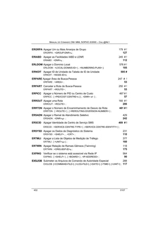 MANUAL DE COMANDO OM- MML SOPHO IS3000 – CALL@NET 
ERGRPA Apagar Um ou Mais Arranjos de Grupo 179 # ! 
ERGRPA : <GROUP-DNR>s ; 127 
ERIABD Apagar as Facilidades IABD e LENR 245 # ! 
ERIABD : <DNR>s ; 112 
ERLDOM Apagar o Domínio Local 576 # ! 
ERLDOM : <LOCAL-DOMAIS-ID> [ , <NUMBERING-PLAN> ]; 185 
ERNOIT Apagar ID de Unidade da Tabela de ID de Unidade 595 # 
ERNOIT : <NODE-ID>s; 
ERPARE Apagar Área de Busca-Pessoa 247 # ! 
ERPARE : <AREA> ; 53 
ERPART Cancelar a Rota de Busca-Pessoa 250 # ! 
ERPART : <ROUTE> ; 53 
ERPICC Apagar o Número de PID ou Centro de Custo 467 # ! 
ERPICC : [ <PID/COST-CENTRE>s ] [ , <DNR> s/r ] ; 57 
ERROUT Apagar uma Rota 160 # ! 
ERROUT : <ROUTE> ; 206 
ERRTDN Apagar o Número de Encaminhamento de Desvio da Rota 481 # ! 
ERRTDN : [ <ROUTE> ] , [ <REROUTING-DIVERSION-NUMBER> ] ; 
ERSADN Apagar o Ramal de Atendimento Seletivo 429 
ERSADN : <DNR>s/r ; 242 
ERSCID Apagar Identidade de Centro de Serviço SMS 409 # ! 
ERSCID : <SERVICE-CENTRE-TYPE> [ ,<SERVICE-CENTRE-IDENTITY> ] ; 
ERSYSD Apagar os Dados de Diagnóstico do Sistema 231 
ERSYSD : <SHELF> , , <CRT> ; 110 
ERTMLI Apagar a Lista de Objetos de Medição de Tráfego 377 
ERTMLI : [ <UNIT>s/r ] ; 160 
ERTWIN Apagar Relação de Ramais Gêmeos (Twinning) 118 
ERTWIN : <ORIG-BSP-ID>s ; 175 
EXPING Verificar se o sistema está acessível via Rede IP 564 
EXPING : [ <SHELF> ] , [ <BOARD> ] , <IP-ADDRESS> ; 90 
EXSJOB Submeter os Arquivos de Comando de Autoridade Especial 288 
EXSJOB :[<COMMAND-FILE>], [<LOG-FILE>], [<DATE>], [<TIME>], [<UNIT>] ; 117 
402 0107 
 