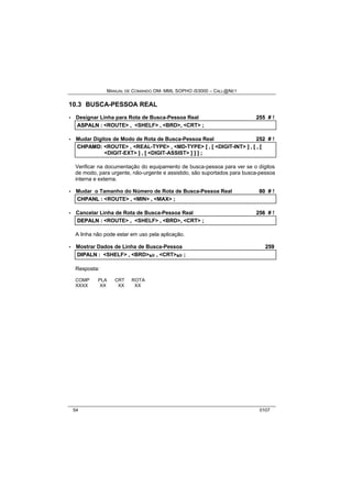 MANUAL DE COMANDO OM- MML SOPHO IS3000 – CALL@NET 
10.3 BUSCA-PESSOA REAL 
· Designar Linha para Rota de Busca-Pessoa Real 255 # ! 
ASPALN :: <ROUTE> ,, <SHELF> ,, <BRD>,, <CRT> ;; 
· Mudar Dígitos de Modo de Rota de Busca-Pessoa Real 252 # ! 
CHPAMD:: <ROUTE> ,, <REAL-TYPE> ,, <MD-TYPE> [[ ,, [[ <DIGIT-INT> ]] ,, [[ ,, [[ 
<DIGIT-EXT> ]] ,, [[ <DIGIT-ASSIST> ]] ]] ]] ;; 
Verificar na documentação do equipamento de busca-pessoa para ver se o dígitos 
de modo, para urgente, não-urgente e assistido, são suportados para busca-pessoa 
interna e externa. 
· Mudar o Tamanho do Número de Rota de Busca-Pessoa Real 80 # ! 
CHPANL :: <ROUTE> ,, <MIN> ,, <MAX> ;; 
· Cancelar Linha de Rota de Busca-Pessoa Real 256 # ! 
DEPALN :: <ROUTE> ,, <SHELF> ,, <BRD>,, <CRT> ;; 
A linha não pode estar em uso pela aplicação. 
· Mostrar Dados de Linha de Busca-Pessoa 259 
DIIPALN :: <SHELF> ,, <BRD>s/r ,, <CRT>s/r ;; 
Resposta: 
COMP PLA CRT ROTA 
XXXX XX XX XX 
54 0107 
 