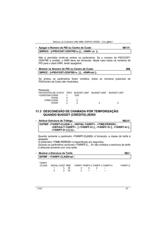 MANUAL DE COMANDO OM- MML SOPHO IS3000 – CALL@NET 
· Apagar o Número de PID ou Centro de Custo 467 # ! 
ERPIICC :: [[<PID/COST-CENTRE>s ]] [[ ,, <DNR> s/r ]] ;; 
Não é permitido omitir-se ambos os parâmetros. Se o número de PID/COST-CENTRE 
é omitido, o DNR deve ser fornecido. Neste caso todos os números de 
PID para o dado DNR, serão apagados. 
· Mostrar os Número de PID ou Centro de Custo 468 
DIIPIICC :: [[<PID/COST-CENTRE>s ]] [[ ,, <DNR>s//rr ]] ;; 
Se ambos os parâmetros forem omitidos, todos os números possíveis de 
PID/Centro de Custo são mostrados. 
Resposta : 
PID/CENTRO DE CUSTO TRFC BUDGET-UNIT BUDGET-UNIT BUDGET-UNIT 
1234567890123456 7 1234 
123456 4 - 
67890123456 2 2 
123456 2 2 2 2 
11.3 DESCONEXÃO DE CHAMADA POR TEMPORIZAÇÃO 
QUANDO BUDGET (CRÉDITO) ZERO 
· Atribuir Estrutura de Tráfego 562 # ! 
CHTRIIF:: <TARIFF-CLASS> [[ ,, <INITIAL-TARIFF> ,, <TIME-PERIOD> ,, 
<DEFAULT-TARIFF> ,, [[ <TARIFF-2> [[ ,, <TARIFF-3> [[ ,, <TARIFF-4> [[ ,, 
<TARIFF-5> ]] ]] ]] ]] ]] ;; 
Quando somente o parâmetro <TARIIFF--CLASS> é fornecido, a classe de tarifa é 
apagada. 
O parâmetro <TIIME--PERIIOD> é especificado em segundos. 
Quando os parâmetros opcionais <TARIIFF--2 ...... 5> são omitidos a estrutura de tarifa 
é atribuída somente com uma tarifa. 
· Mostrar a Estrutura de Tarifa 563 ! 
DIITRIIF :: <TARIFF-CLASS>s//rr ;; 
TARIFF 
-CLASS INITIAL COST TIME TARIFF TARIFF-2 TARIFF-3 TARIFF-4 TARIFF-5 
1 5 40 3 4 2 -- 
2 2 20 3 1 - -- 
0107 57 
 