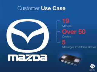 Customer Use Case

               19
               Markets

               Over 50
               Dealers

               5
               Messages for different demos
 