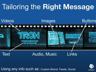 Tailoring the Right Message
Videos                     Images                     Buttons




Text                 Audio, Music            Links


Using any info such as: Custom Brand, Feeds, Social
 