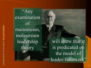 “Any
                                       examination
                                            of
Leadership Innovation Sustainability




                                       mainstream,
                                       malestream
                                        leadership                                    will show that it
                                          theory                                      is predicated on
                                                                                        the model of
                                       Businessman p16Financial Review Aug 26 2005
                                                                                     leader-followers”
                                                                                                    p220 Limerick


                                                                                                                    5
 
