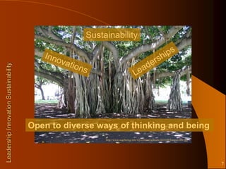 Sustainability
Leadership Innovation Sustainability




                                       Open to diverse ways of thinking and being
                                                         http://www.wayfaring.info/wp-content/uploads/2010/08/banyan-tree.jpg




                                                                                                                                7
 
