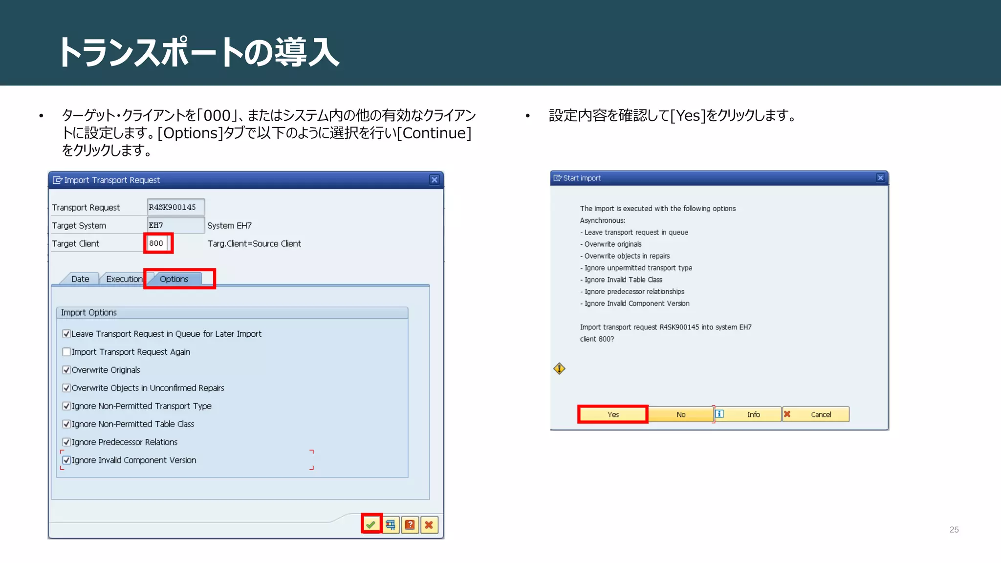 25
トランスポートの導入
• ターゲット・クライアントを「000」、またはシステム内の他の有効なクライアン
トに設定します。[Options]タブで以下のように選択を行い[Continue]
をクリックします。
• 設定内容を確認して[Yes]をクリックします。
 