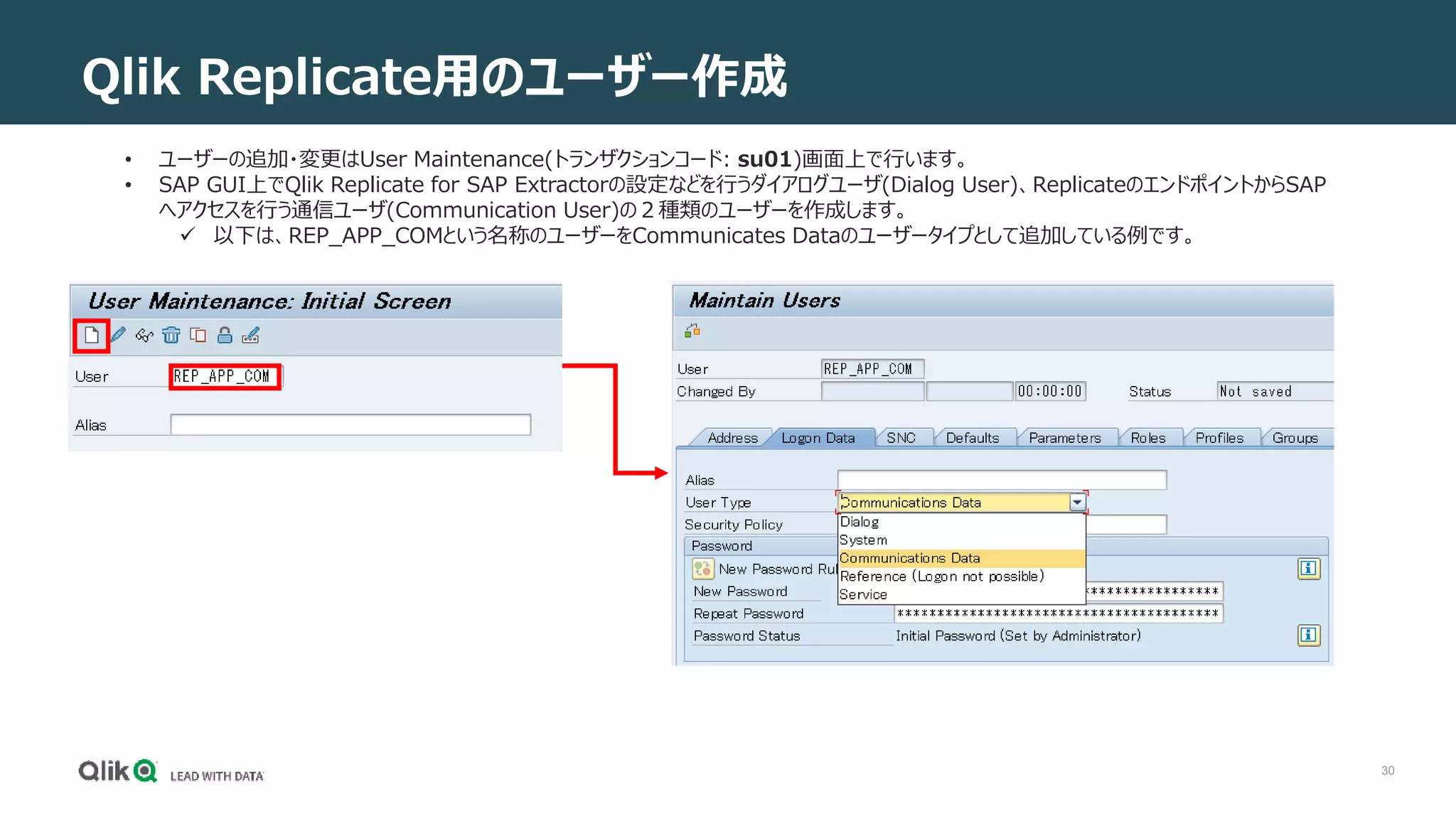 30
Qlik Replicate用のユーザー作成
• ユーザーの追加・変更はUser Maintenance(トランザクションコード: su01)画面上で行います。
• SAP GUI上でQlik Replicate for SAP Extractorの設定などを行うダイアログユーザ(Dialog User)、ReplicateのエンドポイントからSAP
へアクセスを行う通信ユーザ(Communication User)の２種類のユーザーを作成します。
 以下は、REP_APP_COMという名称のユーザーをCommunicates Dataのユーザータイプとして追加している例です。
 
